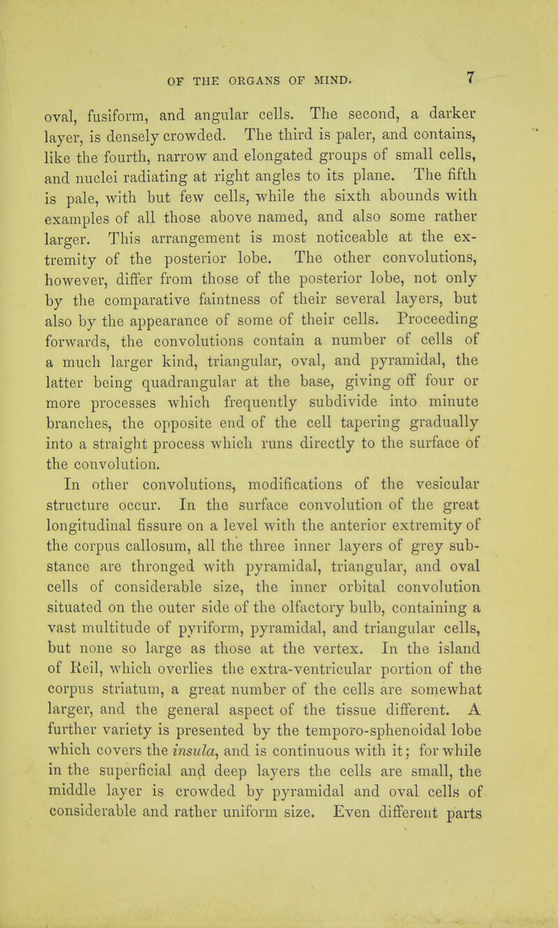 oval, fusiform, and angular cells. The second, a darker layer, is densely crowded. The third is paler, and contains, like the fourth, narrow and elongated groups of small cells, and nuclei radiating at right angles to its plane. The fifth is pale, with but few cells, while the sixth abounds with examples of all those above named, and also some rather larger. This arrangement is most noticeable at the ex- tremity of the posterior lobe. The other convolutions, however, differ from those of the posterior lobe, not only by the comparative faintness of their several layers, but also by the appearance of some of their cells. Proceeding forwards, the convolutions contain a number of cells of a much larger kind, triangular, oval, and pyramidal, the latter being quadrangular at the base, giving off four or more processes which frequently subdivide into minute branches, the opposite end of the cell tapering gradually into a straight process which runs directly to the surface of the convolution. In other convolutions, modifications of the vesicular structure occur. In the .surface convolution of the great longitudinal fissure on a level with the anterior extremity of the corpus callosum, all the three inner layers of grey sub- stance are thronged with pyramidal, triangular, and oval cells of considerable size, the inner orbital convolution situated on the outer side of the olfactory bulb, containing a vast multitude of pyriform, pyramidal, and triangular cells, but none so large as those at the vertex. In the island of Reil, which overlies the extra-ventricular portion of the corpus striatum, a great number of the cells are somewhat larger, and the general aspect of the tissue different. A further variety is presented by the temporo-sphenoidal lobe which covers the insula, and is continuous with it; for while in the superficial an^ deep layers the cells are small, the middle layer is crowded by pyramidal and oval cells of considerable and rather uniform size. Even different parts