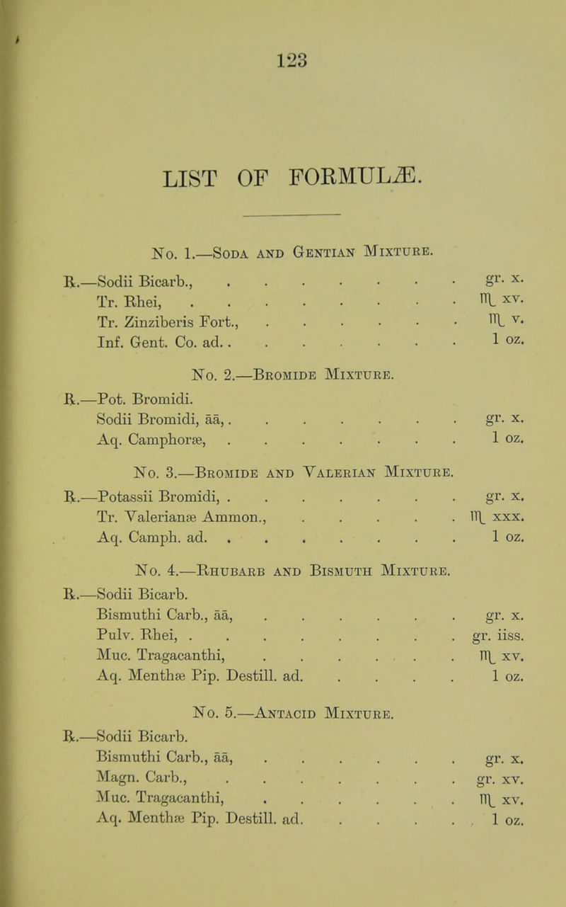 LIST OF FORMULA. No. 1.—Soda and Gentian Mixture. R.—Sodii Bicarb., gr- x. Tr. Rhei, ^ xv. Tr. Zinziberis Fort., R v. Inf. Gent. Co. ad 1 oz. No. 2.—Bromide Mixture. Ji.—Pot. Bromidi. Sodii Bromidi, aa, gr. x. Aq. Camphorse, ....... 1 oz. No. 3.—Bromide and Valerian Mixture. E.—Potassii Bromidi, gr- x. Tr. Valeriana Ammon., xxx. Aq. Caraph. ad 1 oz. No. 4.—Rhubarb and Bismuth Mixture. R.—Sodii Bicarb. Bismuthi Carb., aa, ..... . gr. x. Pulv. Rhei, ........ gr. iiss. Muc. Tragacanthi, ...... xv. Aq. Menthse Pip. Destill. ad 1 oz. No. 5.—Antacid Mixture. R.—Sodii Bicarb. Bismuthi Carb., aa, ...... gr. x. Magn. Carb., gr. xv. Muc. Tragacanthi, ...... rr|_ xv. Aq. Mentha^ Pip. Destill. ad 1 oz.