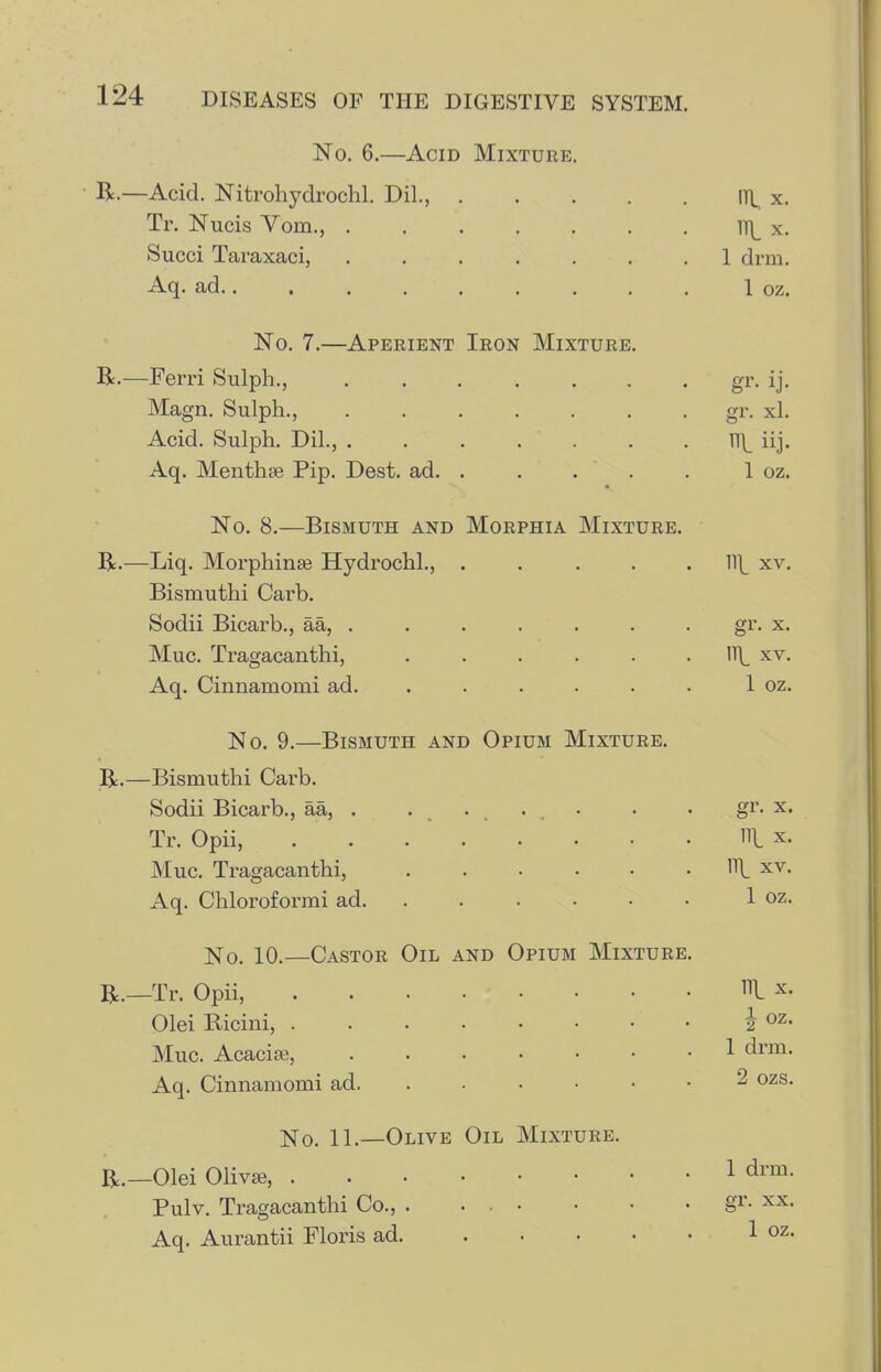 No, 6.—Acid Mixture. R.—Acid. Nitrohydrochl. Dil., IH^ x. Tr. Nucis Vom., ITl. x. Succi Taraxaci, ....... 1 drm. Aq. ad 1 oz. No. 7.—Aperient Iron Mixture. R.—Ferri Sulph., gi'- ij- Magn. Sulph., gr. xl. Acid. Sulph. Dil., n\. iij* Aq. Menthse Pip. Dest. ad. . . . . . 1 oz. No. 8.—Bismuth and Morphia Mixture. R.—Liq. Morphinse Hydrochl., ..... 11]^ xv. Bismuthi Carb. Sodii Bicarb., aa, . . . . . . . gr. x. Muc. Tragacanthi, ...... \\ xv. Aq. Cinnamomi ad. . . . . . . 1 oz. No. 9.—Bismuth and Opium Mixture. R.—Bismuthi Carb. Sodii Bicarb., aa, . ..... . . gr. x. Tr. Opii, HI X. Muc. Tragacanthi, IT^^ xv. Aq. Chloroformi ad. . . . • • • 1 oz. ^N'o. 10.—Castor Oil and Opium Mixture. R.—Tr. Opii, I X. Olei Ricini, 2 ^z. Muc. Acacire, 1 drm. Aq. Cinnamomi ad. ...... 2 ozs. ]S}-o. 11.—Olive Oil Mixture. R.—Olei OlivEe, 1 drm. Pulv. Tragacanthi Co., gi'- xx. Aq. Aurantii Floris ad 1 oz.