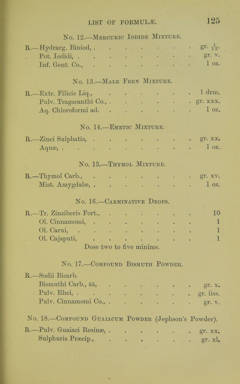 No. 12—Mercuric Iodide Mixture. l\.—Hydrarg. Biniod, g^- tV* Pot. lodidi, gi-- V. Inf. Gent. Co., 1 oz. No. 13.—Male Fern Mixture. R.—Extr. Filicis Liq., 1 drm. Pulv. Tragacanthi Co., gr. xxx. Aq. Chloroformi ad 1 oz. No. 14.—Emetic Mixture. R.—Zinci Sulphatis, gr. xx. Aqufe, 1 oz. No. 15.—Thymol Mixture. R.—Thymol Carb., gr. xv. Mist. Amygdalae, 1 oz. No. 16.—Carminative Drops. R.—Tr. Zinziberis Fort., 10 01. Cinnamomi, ....... 1 01. Carui, ........ 1 01. Cajaputi, ....... 1 Dose two to five minims. No. 17.—Compound Bismuth Powder. R.—Sodii Bicarb. Bismuthi Carb., aa, ...... gr. x. Pulv. Rhei, gr. iiss. Pulv. Cinnamomi Co., . . . . . . gr. v. No. 18.—Compound Guaiacum Powder (Jephson's Powder). R.—Pulv. Guaiaci Resinse, • gr- xx. Sulphuris Prsecip., gr. xl.