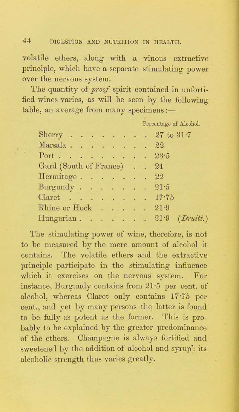 volatile ethers, along with a vinous extractive principle, which have a separate stimulating power over the nervous system. The quantity of proof spirit contained in unforti- fied wines varies, as will be seen by the following table, an average from many specimens:— Percentage of Alcohol. Sherry 27 to 31-7 Marsala 22 Port 23-5 Gard (South of France) . . 24 Hermitage 22 Burgundy 21 5 Claret 17*75 Rhine or Hock 21-9 Hungarian 21'9 (Drmtt.) The stimulating power of wine, therefore, is not to be measured by the mere amount of alcohol it contains. The volatile ethers and the extractive principle participate in the stimulating influence which it exercises on the nervous system. For instance, Burgundy contains from 21*5 per cent, of alcohol, whereas Claret only contains 17*75 per cent., and yet by many persons the latter is found to be fully as potent as the former. This is pro- bably to be explained by the greater predominance of the ethers. Champagne is always fortified and sweetened by the addition of alcohol and syrup: its alcoholic strength thus varies greatly.
