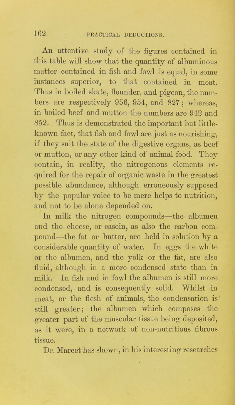 An attentive study of the figures contained in this table will show that the quantity of albuminous matter contained in fish and fowl is equal, in some instances superior, to that contained in meat. Thus in boiled skate, flounder, and pigeon, the num- bers are respectively 956, 954, and 827; whereas, in boiled beef and mutton the numbers are 942 and 852. Thus is demonstrated the important but little- known fact, that fish and fowl are just as nourishing, if they suit the state of the digestive organs, as beef or mutton, or any other kind of animal food. They contain, in reality, the nitrogenous elements re- quired for the repair of organic waste in the greatest possible abundance, although erroneously supposed by the popular voice to be mere helps to nutrition, and not to be alone depended on. In milk the nitrogen compounds—the albumen and the cheese, or casein, as also the carbon com- pound—the fat or butter, are held in solution by a considerable quantity of water. In eggs the white or the albumen, and the yolk or the fat, are also fluid, although in a more condensed state than in milk. In fish and in fowl the albumen is still more condensed, and is consequently solid. Whilst in meat, or the flesh of animals, the condensation is' still greater; the albumen which composes the greater part of the muscular tissue being deposited, as it were, in a network of non-nutritious fibrous tissue. Dr. Marcet has shown, in his interesting researches