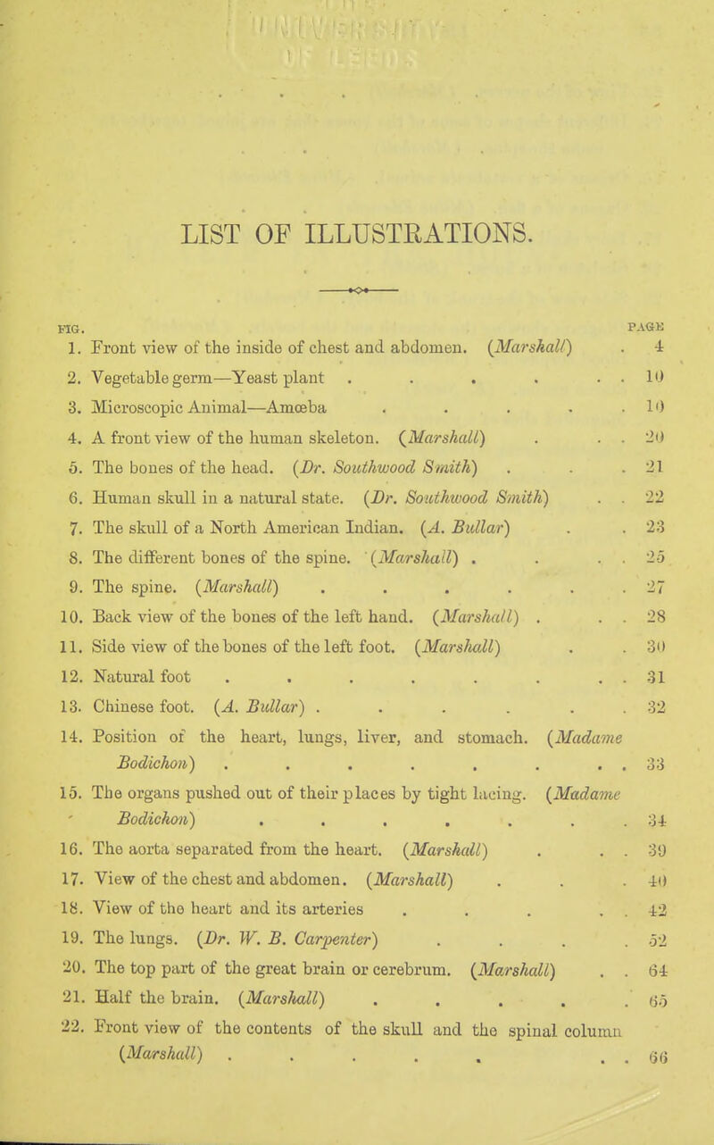 LIST OF ILLUSTRATIONS. KX FIG. PAGE 1. Front view of the inside of chest and abdomen. {Marshall) . 4 2. Vegetable germ—Yeast plant . . . . . . 10 3. Microscopic Animal—Amoeba . . . . .10 4. A front view of the human skeleton. (Marshall) . . . 20 5. The bones of the head. (Br. Southwood Smith) . . .21 6. Human skull in a natural state. (Br. Southwood Smith) . . 22 7. The skull of a North American Indian. (A. Bullar) . . 23 8. The different bones of the spine. (Marshall) . . . . 25 9. The spine. (Marshall) . . . . . .27 10. Back view of the bones of the left hand. (Marshall) . . . 28 11. Side view of the bones of the left foot. (Marsluill) . . 3D 12. Natural foot . . . . . . . . 31 13. Chinese foot. (A. Bidlar) . . . . 32 14. Position of the heart, lungs, liver, and stomach. (Madame Bodichon) . . . . . . . . 33 15. The organs pushed out of their places by tight lacing. (Madame Bodichon) . . . . . . . 34 16. The aorta separated from the heart. (Marshall) . . . 39 17. View of the chest and abdomen. (Marshall) . . 40 18. View of the heart and its arteries . . . . . 42 19. The lungs. (Br. W. B. Carpenter) .... 52 20. The top part of the great brain or cerebrum. (Marshall) . . 64 21. Half the brain. (Marshall) . . . . . 65 22. Front view of the contents of the skull and the spinal column (Marshall) . . . . . . . 66
