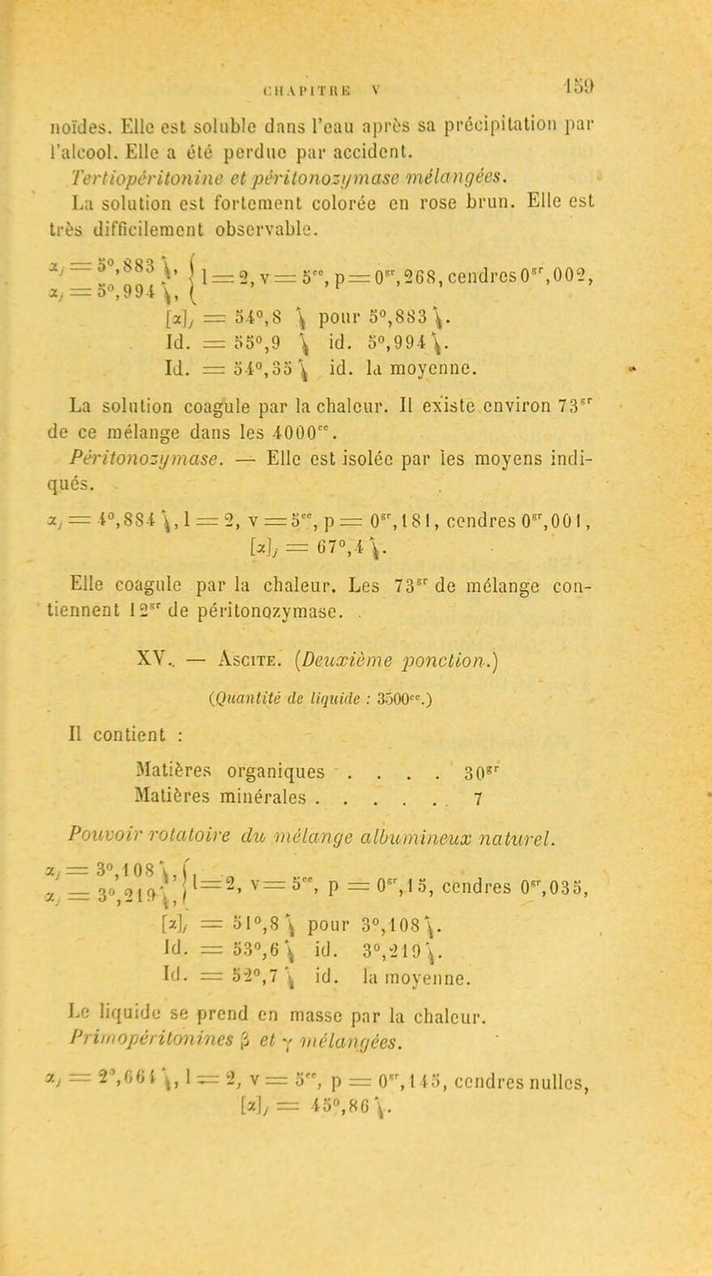 15i> noïdes. Elle est soluble dans l’eau après sa précipitation par l’alcool. Elle a été perdue par accident. Tertiopéritonine et péritonozymase mélangées. La solution est fortement colorée en rose brun. Elle est très difficilement observable. 3y = 0°,$83 ( j —- g v — g™ p — 0sr 26S, cendres 0sr,002, a, = 5°,994\, ( 1 [a]y = 3-4°,8 \ pour 5°,883 \. Id. = 33°,9 \ id. 5°,994\. Id. = 54°,35\ id. la moyenne. La solution coagule par la chaleur. Il existe environ 73sr de ce mélange dans les 4000e'. Péritonozymase. — Elle est isolée par les moyens indi- qués. a, = 4°,8S4\,l = 2, v =5, p = 06r, 181, cendres 08r,001, My = 67°,4V Elle coagule parla chaleur. Les 73Brde mélange con- tiennent 12sr de péritonozymase. . XV.. — Ascite. (Deuxième ponction.) (Quantité de liquide : 3000ec.) Il contient : Matières organiques - . . . . 30sr Matières minérales .7 Pouvoir rotatoire du mélange albumineux naturel. z, = 3°,108 y = 30^01 r>\ ,l—2> v— > P = 0sr, I 3, cendres 0sr,03o, [Ai = 51°,8 \ pour 3°, 108\. Id. = 53°,6\ id. 3°,-219\. Id. = 5'2°,7 \ id. la moyenne. Le liquide se prend en masse par la chaleur. Primopéritonines £ et y mélangées. — 2'Vifii !» 1 — 2, v = 3, p = 0, 115, cendresnullcs, [*]/ = 43°,86