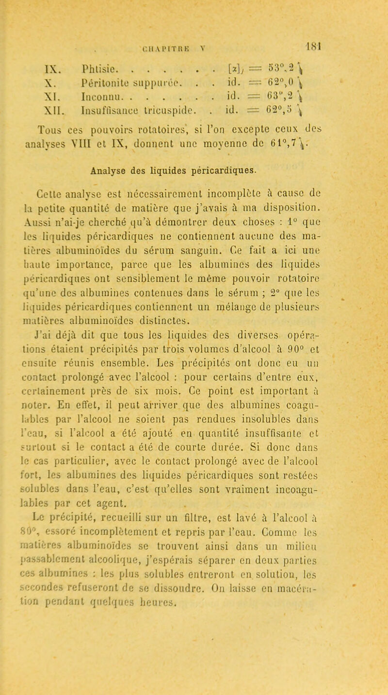IX. Phtisie [*]y= 530,2 \ X. Péritonite suppurée. . . ici. — 62°>0 \ XI. Inconnu ici. = 63”,2 \ XII. Insuffisance tricuspide. . id. = 62°,5 \ Tous ces pouvoirs rotatoires, si l’on excepte ceux des analyses VIII et IX, donnent une moyenne de 61°,7\. Analyse des liquides péricardiques. Cette analyse est nécessairement incomplète à cause de la petite quantité de matière que j’avais à ma disposition. Aussi n’ai-je cherché qu’à démontrer deux choses : lü que les liquides péricardiques ne contiennent aucune des ma- tières albuminoïdes du sérum sanguin. Ce fait a ici une haute importance, parce que les albumines des liquides péricardiques ont sensiblement le même pouvoir rotatoire qu’une des albumines contenues dans le sérum ; 2° que les liquides péricardiques contiennent un mélange de plusieurs matières albuminoïdes distinctes. J’ai déjà dit que tous les liquides des diverses opéra- tions étaient précipités par trois volumes d’alcool à 90° et ensuite réunis ensemble. Les précipités ont donc eu un contact prolongé avec l’alcool : pour certains d’entre eux, certainement près de six mois. Ce point est important à noter. En effet, il peut arriver que des albumines coagu- lables par l’alcool ne soient pas rendues insolubles dans l’eau, si l’alcool a été ajouté en quantité insuffisante et surtout si le contact a été de courte durée. Si donc dans le cas particulier, avec le contact prolongé avec de l’alcool fort, les albumines des liquides péricardiques sont restées solubles dans l’eau, c’est qu’elles sont vraiment incoagu- lables par cet agent. Le précipité, recueilli sur un filtre, est lavé à l’alcool à 80°, essoré incomplètement et repris par l’eau. Comme les matières albuminoïdes se trouvent ainsi dans un milieu passablement alcoolique, j’espérais séparer en deux parties ces albumines : les plus solubles entreront en solution, les secondes refuseront de se dissoudre. On laisse en macéra- tion pendant quelques heures.
