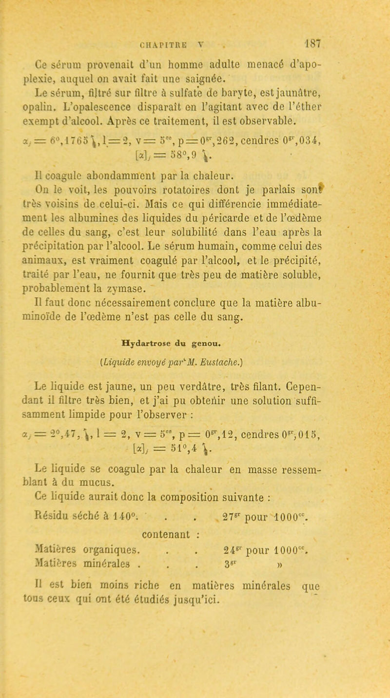 Ce sérum provenait d’un homme adulte menacé d’apo- plexie, auquel on avait fait une saignée. Le sérum, filtré sur filtre ù sulfate de baryte, est jaunâtre, opalin. L’opalescence disparaît en l’agitant avec de l’éther exempt d’alcool. Après ce traitement, il est observable. a,= 6°,1765\,l = 2, v= 5eo, p = 0gr,262, cendres 0gr,034, [a]j =58°,9 Il coagule abondamment par la chaleur. On le voit, les pouvoirs rotatoires dont je parlais sont très voisins de celui-ci. Mais ce qui différencie immédiate- ment les albumines des liquides du péricarde et de l’œdème de celles du sang, c’est leur solubilité dans l’eau après la précipitation par l’alcool. Le sérum humain, comme celui des animaux, est vraiment coagulé par l’alcool, et le précipité, traité par l’eau, ne fournit que très peu de matière soluble, probablement la zymase. Il faut donc nécessairement conclure que la matière albu- minoïde de l’œdème n’est pas celle du sang. Hydartrose du genou. (Liquide envoyé par'H. Eustache.) Le liquide est jaune, un peu verdâtre, très filant. Cepen- dant il fdtre très bien, et j’ai pu obtenir une solution suffi- samment limpide pour l’observer : <Xj = 2°,47, 1 = 2, v = 5C0, p = (F,12, cendres 0sr,015, L«]> = 51°,-* V Le liquide se coagule par la chaleur en masse ressem- blant à du mucus. Ce liquide aurait donc la composition suivante : Résidu séché à 140°. . . 27gr pour 1000cc. contenant : Matières organiques. . . 24gr pour 1000cc. Matières minérales . . . 3?r » Il est bien moins riche en matières minérales que tous ceux qui ont été étudiés jusqu’ici.