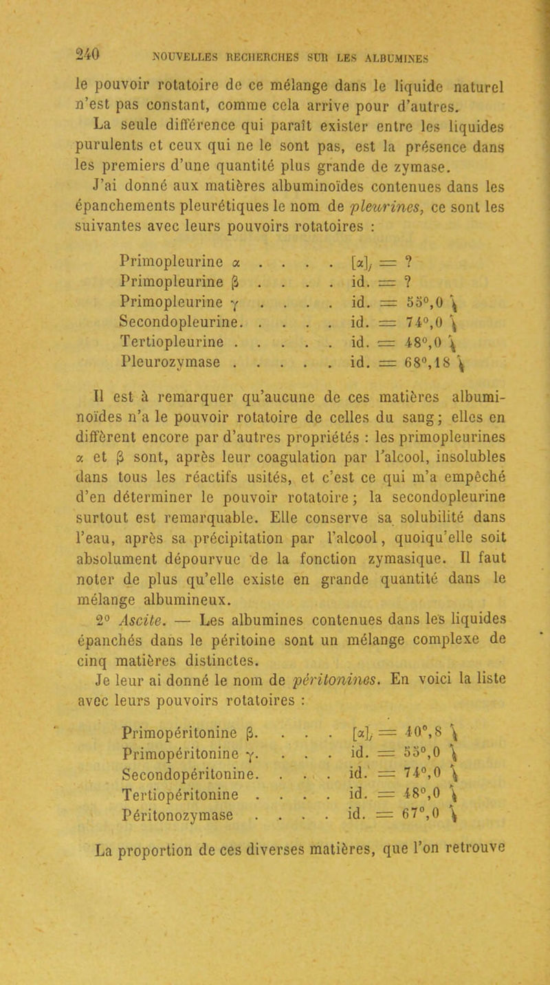 le pouvoir rotatoire de ce mélange dans le liquide naturel n’est pas constant, comme cela arrive pour d’autres. La seule différence qui paraît exister entre les liquides purulents et ceux qui ne le sont pas, est la présence dans les premiers d’une quantité plus grande de zymase. J’ai donné aux matières albuminoïdes contenues dans les épanchements pleurétiques le nom de pletcrines, ce sont les suivantes avec leurs pouvoirs rotatoires : Primopleurine a Primopleurine (2 Primopleurine y Secondopleurine. Tertiopleurine . Pleurozymase . [4 = ? id. = ? id. = 55°,0 \ id. = 74°,0 \ id. = 48°,0 \ id. = 68°,18 \ Il est à remarquer qu’aucune de ces matières albumi- noïdes n’a le pouvoir rotatoire de celles du sang; elles en diffèrent encore par d’autres propriétés : les primopleurines « et (â sont, après leur coagulation par l’alcool, insolubles dans tous les réactifs usités, et c’est ce qui m’a empêché d’en déterminer le pouvoir rotatoire ; la secondopleurine surtout est remarquable. Elle conserve sa solubilité dans l’eau, après sa précipitation par l’alcool, quoiqu’elle soit absolument dépourvue de la fonction zymasique. Il faut noter de plus qu’elle existe en grande quantité dans le mélange albumineux. 2° Ascite. — Les albumines contenues dans les liquides épanchés dans le péritoine sont un mélange complexe de cinq matières distinctes. Je leur ai donné le nom de péritonines. En voici la liste avec leurs pouvoirs rotatoires : Primopéritonine (3 Primopéritonine y Secondopéritonine Tertiopéritonine Péritonozymase [4 = 40°,8 \ id. = 55°,0 \ id. = 74°,0 \ id. = 48°,0 \ id. = 67°,0 \ La proportion de ces diverses matières, que l’on retrouve