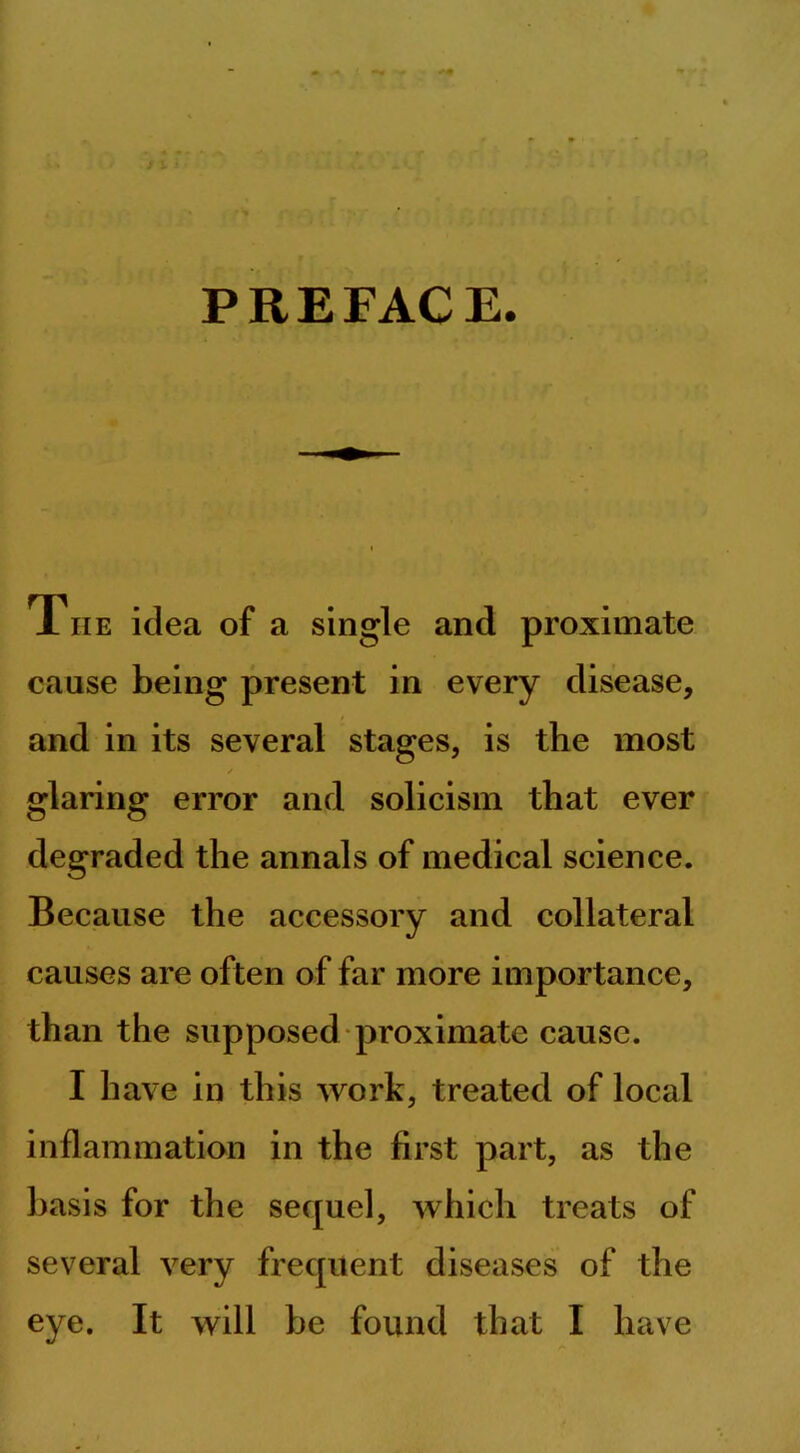 P It E FAC E. 1 he idea of a single and proximate cause being present in every disease, and in its several stages, is the most / glaring error and solicism that ever degraded the annals of medical science. Because the accessory and collateral causes are often of far more importance, than the supposed proximate cause. I have in this work, treated of local inflammation in the first part, as the basis for the sequel, which treats of several very frequent diseases of the eye. It will be found that I have