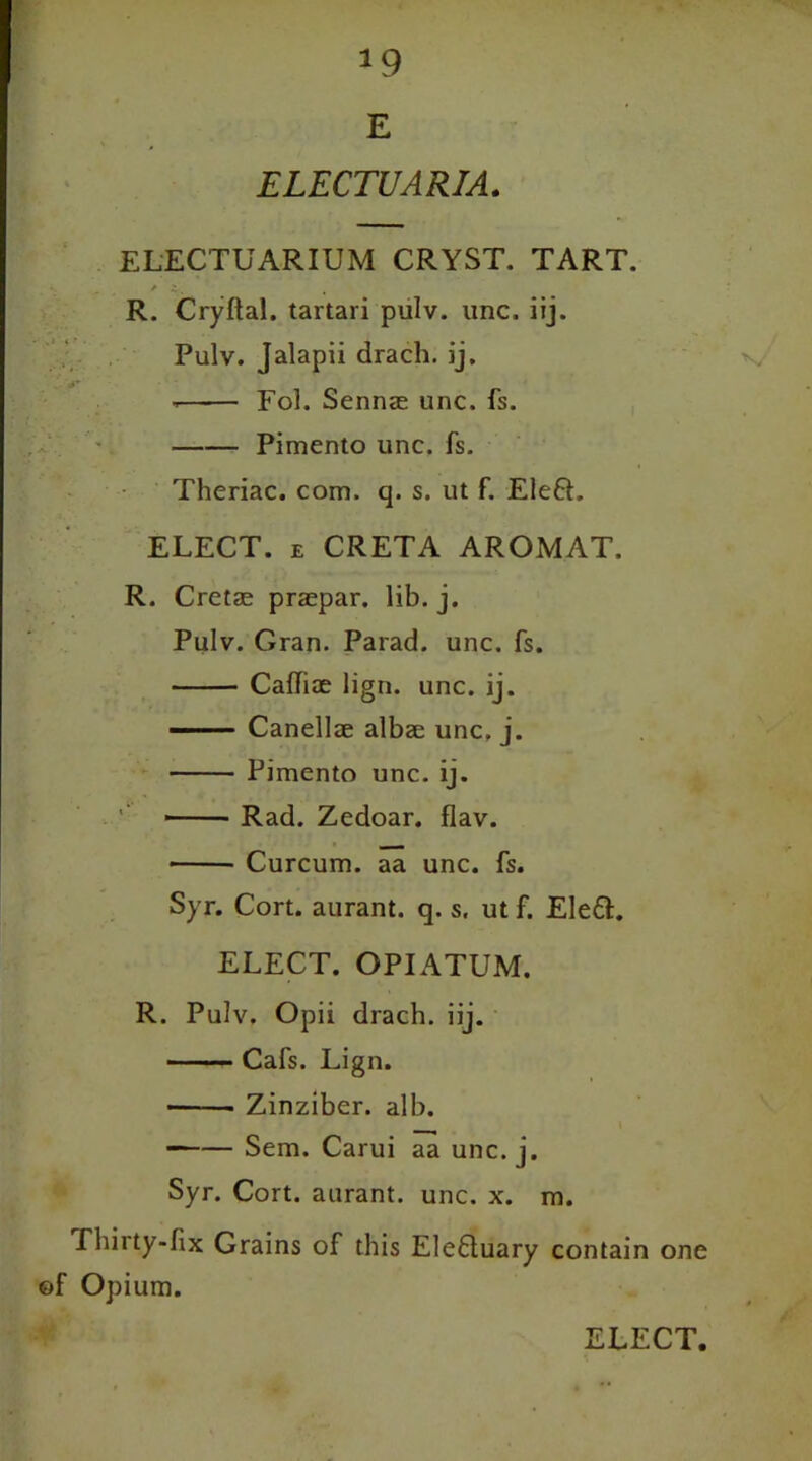 ELECTUARIA ELECTUARIUM CRYST. TART. R. Cryftal. tartari pulv. unc. iij. Pulv. Jalapii drach. ij. Fol. Sennae unc. fs. Pimento unc. fs. Theriac. com. q. s. ut f. Ele6L ELECT, e CRETA AROMAT. R. Cretae praepar. lib. j. Pulv. Gran. Parad. unc. fs. Cafliae lign. unc. ij. —— Canellae albae unc, j. Pimento unc. ij. '' Rad. Zedoar. flav. • Curcum. aa unc. fs. Syr. Cort. aurant. q. s. ut f. Ele£L ELECT. OPIATUM. R. Pulv. Opii drach. iij. Cafs. Lign. Zinziber. alb. Sem. Carui aa unc. j. Syr. Cort. aurant. unc. x. m. Thirty-fix Grains of this Electuary contain one ©f Opium.