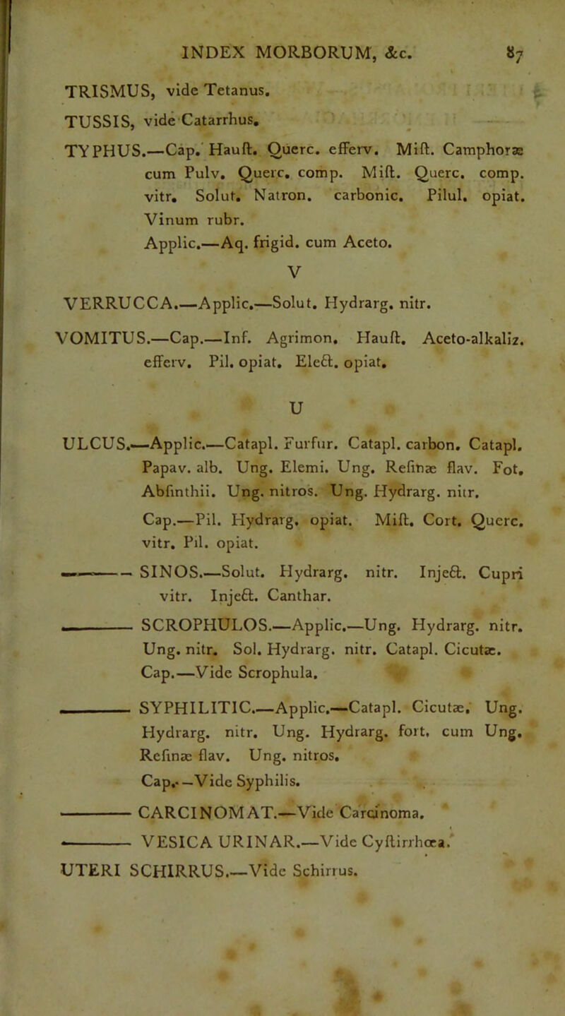 TRISMUS, vide Tetanus. TUSSIS, vide Catarrhus. TYPHUS.—Cap. Hauft. Ouerc. efferv. Mift. Camphorse cum Pulv. Querc. comp. Mift. Querc. comp, vitr. Soluf. Natron, carbonic. Pilul, opiat. Vinum rubr. Applic.—Aq. frigid, cum Aceto. V VERRUCCA.—Applic.—Solut. Hydrarg. nitr. VOMITUS.—Cap.—Inf. Agrimon. Hauft. Aceto-alkaliz. efferv. Pil. opiat. Eleft. opiat. U ULCUS.—Applic.—Catapl. Furfur. Catapl. carbon. Catapl. Papav. alb. Ung. Elemi. Ung. Refinas flav. Fot. Abfintbii. Ung. nitros. Ung. Hydrarg. nitr. Cap.—Pil. Hydrarg, opiat. Mift. Cort. Querc. vitr. Pil. opiat. —■ SINOS.—Solut. Hydrarg. nitr. Injeft. Cupri vitr. Injeft. Canthar. _ SCROPHULOS.—Applic.—Ung. Hydrarg. nitr. Ung. nitr. Sol. Hydrarg. nitr. Catapl. Cicuta:. Cap.—Vide Scrophula. — SYPHILITIC.—Applic.—Catapl. Cicutas. Ung. Hydrarg. nitr. Ung. Hydrarg. fort, cum Ung. Refinac flav. Ung. nitros. Cap.-—Vide Syphilis. CARCINOMAT.—Vide Carcinoma. • VESICA URINAR.—Vide Cyftirrhcea. UTERI SCHIRRUS Vide Schirrus.