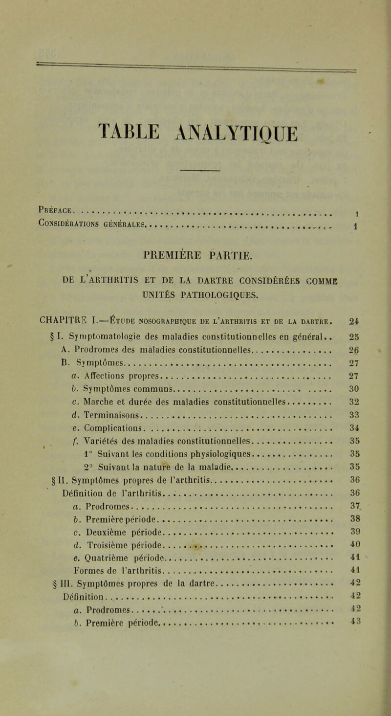 TABLE ANALYTIQUE Préface j CONSIDÉBATIONS GÉNÉRALES i PREMIÈRE PARTIE. DE L'aRTHRITIS ET DE LA DARTRE CONSIDÉRÉES COMME UNITÉS PATHOLOGIQUES. CHAPITRE I.—Étude nosographtque de l'arthritis et de la dartre. 24 §1. Syniptoraatologie des maladies constitutionnelles en général.. 23 A. Prodromes des maladies constitutionnelles 26 B. Symptômes 2 a. Affections propres 27 h. Symptômes communs 30 c. Marche et durée des maladies constitutionnelles 32 cf. Terminaisons 33 e. Complications 34 /■. Variétés des maladies constitutionnelles 35 1 Suivant les conditions physiologiques 35 2° Suivant la nature de la maladie 35 § II. Symptômes propres de l'arthritis 36 Définition de l'arthritis. 36 a. Prodromes 37 b. Première période 38 c. Deuxième période 39 d. Troisième période 40 e. Quatrième période 41 Formes de l'arthritis 41 § III. Symptômes propres de la dartre 42 Définition 42 a. Prodromes *2 b. Première période 43