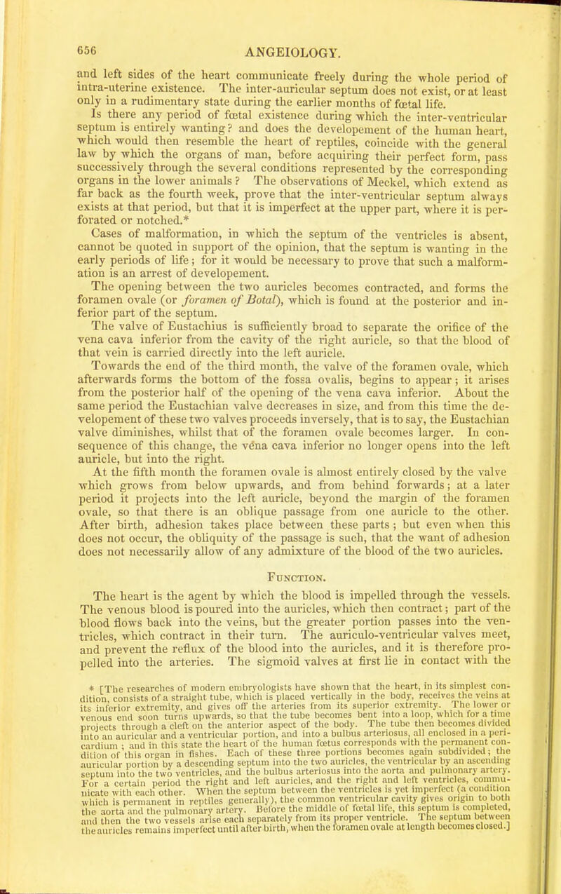 and left sides of the heart communicate freely during the whole period of intra-uterine existence. The inter-auricular septum does not exist, or at least only in a rudimentary state during the earlier months of foetal life. Is there any period of fojtal existence during -which the inter-ventricular septum is entirely wanting? and does the developement of the human heart, ■which -would then resemble the heart of reptiles, coincide -with the general law by which the organs of man, before acquiring their perfect form, pass successively through the several conditions represented by the corresponding organs in the lower animals ? The observations of Meckel, which extend as far back as the fourth week, prove that the inter-ventricular septum always exists at that period, but that it is imperfect at the upper part, where it is per- forated or notched.* Cases of malformation, in which the septum of the ventricles is absent, cannot be quoted in support of the opinion, that the septum is wanting in the early periods of life ; for it would be necessary to prove that such a malform- ation is an arrest of developement. The opening between the two auricles becomes contracted, and forms the foramen ovale (or foramen of Botal), which is found at the posterior and in- ferior part of the septum. The valve of Eustachius is sufficiently broad to separate the orifice of the vena cava inferior from the cavity of the right auricle, so that the blood of that vein is carried directly into the left am-icle. Towards the eud of the third month, the valve of the foramen ovale, which afterwards forms the bottom of the fossa ovalis, begins to appear; it arises from the posterior half of the opening of the vena cava inferior. About the same period the Eustachian valve decreases in size, and from this time the de- velopement of these two valves proceeds inversely, that is to say, the Eustachian valve diminishes, whilst that of the foramen ovale becomes larger. In con- sequence of this change, the v6na cava inferior no longer opens into the left auricle, but into the right. At the fifth month the foramen ovale is almost entirely closed by the valve which grows from below upwards, and from behind forwards; at a later period it projects into the left auricle, beyond the margin of the foramen ovale, so that there is an oblique passage from one auricle to the other. After birth, adhesion takes place between these parts ; but even when this does not occur, the obliquity of the passage is such, that the want of adhesion does not necessarily allow of any admixture of the blood of the two aui-icles. Function. The heart is the agent by which the blood is impelled through the vessels. The venous blood is poured into the auricles, which then contract; part of the blood flows back into the veins, but the greater portion passes into the ven- tricles, which contract in their turn. The auriculo-ventricular valves meet, and prevent the reflux of the blood into the auricles, and it is therefore pro- pelled into the arteries. The sigmoid valves at first lie in contact with the * [The researches of modern embryologists have shown that the heart, in its simplest con- dition consists of a straight tube, whiuli is placed vertically in the body, receives the veins at its inltrior extremity, and gives off the arteries from its superior extremity. The lower or venous end soon turns upwards, so that the tube becomes bent into a looj), which for a time projects through a cleft on tlie anterior aspect of the body. The tube then becomes divided into an auricular and a ventricular portion, and into a bulbus arteriosus, all enclosed in a peri- cardium • and in this state the heart of the human foetus corresponds with the permanent con- dition of'this organ in fishes. Each of these three portions becomes again subdivided; the auricular portion by a descending septum into tlie two auricles, tlie ventricular by an ascending septum into the two ventricles, and the bulbus arteriosus into the norta and pulmonary artery. For a certain period the right and left auricles, and the right and left ventricles, comnui- uicate with each other. When the septum between the ventricles is yet imperfect (.-i condition which is permanent in reptiles generally), tlie comrnon ventricular cavity gives origin to both the aorta and the pulmonary artery. Before the middle of foetal life, this ^ptum is completed, and then the two vessels arise each separately from its proper ventricle. The septum between theaurides remains imperfect until after birth, when the loraineu ovale at length bccomcsclosed.J