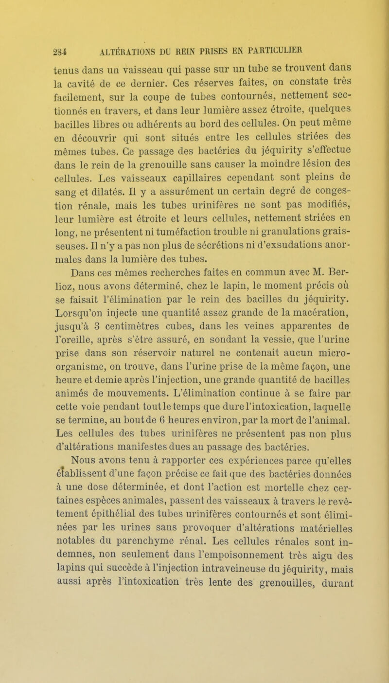 tenus dans un vaisseau qui passe sur un tube se trouvent dans la cavité de ce dernier. Ces réserves faites, on constate très facilement, sur la coupe de tubes contournés, nettement sec- tionnés en travers, et dans leur lumière assez étroite, quelques bacilles libres ou adhérents au bord des cellules. On peut même en découvrir qui sont situés entre les cellules striées des mêmes tubes. Ce passage des bactéries du jéquirity s'effectue dans le rein de la grenouille sans causer la moindre lésion des cellules. Les vaisseaux capillaires cependant sont pleins de sang et dilatés. Il y a assurément un certain degré de conges- tion rénale, mais les tubes urinifères ne sont pas modifiés, leur lumière est étroite et leurs cellules, nettement striées en long, ne présentent ni tuméfaction trouble ni granulations grais- seuses. Il n'y a pas non plus de sécrétions ni d'exsudations anor- males dans la lumière des tubes. Dans ces mêmes recherches faites en commun avec M. Ber- lioz, nous avons déterminé, chez le lapin, le moment précis où se faisait l'élimination par le rein des bacilles du jéquirity. Lorsqu'on injecte une quantité assez grande de la macération, jusqu'à 3 centimètres cubes, dans les veines apparentes de l'oreille, après s'être assuré, en sondant la vessie, que l'urine prise dans son réservoir naturel ne contenait aucun micro- organisme, on trouve, dans l'urine prise de la même façon, une heure et demie après l'injection, une grande quantité de bacilles animés de mouvements. L'élimination continue à se faire par cette voie pendant tout le temps que dure l'intoxication, laquelle se termine, au bout de 6 heures environ, par la mort de l'animal. Les cellules des tubes urinifères ne présentent pas non plus d'altérations manifestes dues au passage des bactéries. Nous avons tenu à rapporter ces expériences parce qu'elles éîablissent d'une façon précise ce fait que des bactéries données à une dose déterminée, et dont l'action est mortelle chez cer- taines espèces animales, passent des vaisseaux à travers le revê- tement épithélial des tubes urinifères contournés et sont élimi- nées par les urines sans provoquer d'altérations matérielles notables du parenchyme rénal. Les cellules rénales sont in- demnes, non seulement dans l'empoisonnement très aigu des lapins qui succède à l'injection intraveineuse du jéquirity, mais aussi après l'intoxication très lente des grenouilles, durant