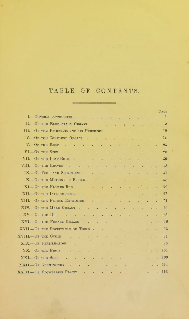 TABLE OF CONTENTS. Page I.—General Attributes I H.—Op the Elementary Organs 3 III. —Op the Epidermis and its Processes .19 IV. —Of the Compound Organs 24 V.—Of the Root 25 VI.—Of the Stem 28 VII.—Of the Leaf-Buds 39 VIII.—Of the Leaves 43 IX.—Of Food and Secretions 51 X.—Of the Motions of Fluids 58 XI.—Of the Flower-Bud 62 XII.—Of the Inflorescence 67 XIII. —Of the Floral Envelopes 71 XIV. —Of the MALii Organs 80 XV.—Of the Disk . . 85 XVI.—Of the Female Organs 86 XVII.—Of the Receptacle or Torus 93 XVIII.—Of the Ovule 94 XIX.—Of Fertilisation 96 XX.—Of the Fruit 101 XXL—Of the Seed 109 XXIL—Of Germination . . . 114 XXIIT.—Of Flowerless Plants . . .118