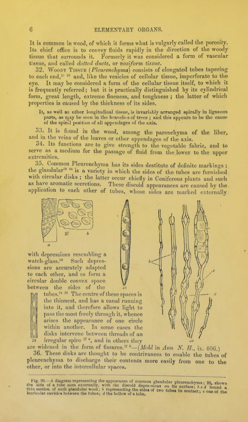 It is common in wood, of which it forms what is vulgarly called the porosity. Its chief office is to convey fluids rapidly in the direction of the woody tissue that surrounds it. Formerlv it was considered a form of vascular tissue, and called dotted ducts, or vasiform tissue. 32. Woody Tissue (Pleurenchpna) consists of elongated tubes tapering to each end,'- -® and, like the vesicles of cellular tissue, imperforate to the eye. It may be considered a form of the cellular tissue itself, to which it is frequently referred; but it is practically distinguished by its cylindrical form, great length, extreme fineness, and toughness ; the latter of which properties is caused by the thickness of its sides. It, as well as other lonpitudinal tissue, is invarinbly arranged spirally in ligneous parts, as may be seen in the branchi s of trees ; and this appears to be the cause of the spir-.J position of all appt-ndages of tlie axis. 33. It is found in the wood, among the parenchyma of the liber, and in the veins of the leaves or other appendages of the axis. 34. Its functions are to give strength to the vegetable fabric, and to serve as a medium for the passage of fluid from the lower to the upper extremities. 35. Common Pleurenchyma has its sides destitute of definite markings ; the glandular- is a variety in which the sides of the tubes are furnished with circular disks ; the latter occur chiefly in Coniferous plants and such as have aromatic secretions. These discoid appearances are caused by the application to each other of tubes, whose sides are marked externally with depressions resembling a ' watch-glass.'-^^ Such depres- sions are accurately adapted to each other, and so form a circular double convex space between the sides of the tubes.-^ The centre of these spaces is the thinnest, and has a canal running into it, and tliercfore allows lifrht to pass the most freely through it, whence arises the appearance of one circle M'ithin another. In some cases the disks intervene between threads of an irregular spire and in others they arc widened in the form of fissures.'-''''—{Mohl in Aim N. IF., ix. 36. These disks are thought to be contrivances to enable the pleurenchyma to discharge their contents more easily from one other, or into the intercellular spaces. 406.) tubes of to the