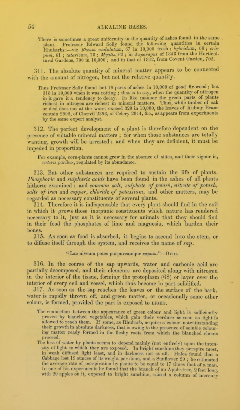 There is sometimes a great uniformity in the quantity of ashes found in the same plant. Professor Edward Solly found the following quantities in certain Rimbarbs:—viz. iZ/ieitJft tmdulatum, 67 in 10,000 fresh; Jii/Oridum, 68; crin- jmm, 61 ; tataricum, 78 ; Myatts, 62 ; in Asparagus of 1843 from the Horticul- tural Gardens, 700 in 10,000; and in that of 1842, from Co vent Garden, 705. 311. The absolute quantity of mineral matter appears to be connected with the amount of nitrogen, but not the relative quantity. Thus Professor Solly found but 19 parts of ashes in 10,000 of good fir-wood; but 318 in 10,000 when it was rotting ; that is to .say, when the quantity of nitrogen in it gave it a tendency to decay. In like manner the green parts of plants richest in nitrogen are richest in mineral matters. Thus, while timber of oak or deal does not at the worst exceed 320 in 10,000, the leaves of Kidney Beans contain 2!}95, of Chervil 2393, of Celery 2044, &c., as appears from experiments by the same expert analyst. 312. The perfect development of a plant is therefore dependent on the presence of suitable mineral matters ; for when those substances are totally wanting, growth will be arrested ; and when they are deficient, it must be impeded in proportion. For example, corn-plants cannot grow in the absence of silica, and their vigour is, cceteris paribiis, regulated by its abundance. 313. But other substances are required to sustain the life of plants. Phosphoric and sulphuric acids have been found in the ashes of all plants hitherto examined ; and common salt, sulphate of potash, nitrate of potash, salts of iron and copper, chlu7-ide of potassium, and other matters, may be regarded as necessary constituents of several plants. 314. Therefore it is indispensable that every plant should find in the soil in which it grows those inorganic constituents which nature has rendered necessary to it, just as it is necessary for animals that they should find in their food the pliosphates of lime and magnesia, which harden their bones. 315. As soon as food is absorbed, it begins to ascend into the stem, or to diflFuse itself through the system, and receives the name of sap. Lac niveum potes purpureamque sapam.—Ovid. 316. In the course of the sap upwards, water and carbonic acid arc partially decomposed, and their elements are deposited along with nitrogen in the interior of the tissue, forming the protoplasm (G8) or layer over the interior of every cell and vessel, which thus become in part solidified. 317. As soon as the sap reaches the leaves or the surface of the bark, water is rapidly thrown oif, and green matter, or occasionally some other colour, is formed, provided the part is exposed to light. The connection between the apf]-)earance of green colour and lightv is suflRcientlv proved by blanched vegetables, which gain their verdure as soon as light is allowerl to reach them. If some, as Rhubarb, acquire a colour notwithstanding their growth in absolute darkness, that is owing to the presence of sohible colour- ing matter ready formed in the fleshy roots from which the blanched shoots proceed. The loss of water by plants seems to depend mainly (not entirely) upon the inten- sity of light to which they are exposed. In bright sunshine they jierspire most in weak diffused light least, and in darkness not at all. Hales found that a Cabbage lost 19 ounces of its weight per diem, and a Sunflower 20 ; he estimated the average rate of perspiration by plants to be ecjual to 17 times that of a man. In one of his experiments he found that the branch of an Apjile-tree, 2 feet Ion with 20 apples on it, exposed to bright sunshine, raised a column of mercui-v