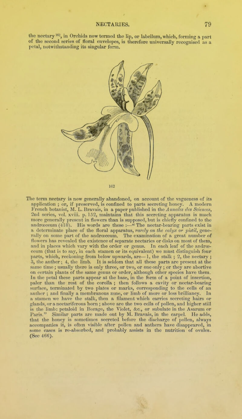 the nectary in Orchids now termed the lip, or labcllum, which, forming a part of the second series of Horal envelopes, is thei-efore universally recognised as a petal, notwithstanding its singular fonn. 1G2 The tenn nectary is now generally abandoned, on account of the vagueness of its application ; or, if preserved, is confined to parts secreting honey. A modern French botanist, M. L. Dravais, in a paper published in the Annales dcs Sciences, 2nd series, vol. xviii. p. 152, maintains that this secreting apparatus is much more generally present in flowers than is supposed, but is chiefly confined to the androcceum (418). His words are these:—The nectar-bearing parts exist in a determinate place of the floral apparatus, rarely on the calyx or pistil, gene- rally on some part of the androeceum. The examination of a great number of flow ers has revealed the existence of separate nectaries or disks on most of them, and in places which vary with the order or genus. In each leaf of the androe- ceum (that is to say, in each stamen or its equivalent) we must distinguish four parts, which, reckoning from below upwards, are—1, the stalk ; 2, the nectary ; 3, the anther; 4, the limb. It is seldom that all these parts are present at the same time; usually there is only three, or two, or one only ; or they are abortive on certain plants of the same genus or order, although other species have them. In the petal these parts appear at the base, in the form of a point of insertion, paler tlian the rest of the corolla ; then follows a cavity or nectar-bearing surface, terminated by two plates or marks, con-esponding to the cells of an anther ; and finally a membranous zone, or limb of more or less brilliancy. In a stsimon we have the stalk, then a filament which carries secreting hairs or glands, or a nectariferous horn ; above are the two cells of pollen, and higher still is the limb: petaloid in Boi-age, the Violet, &c., or subulate in the Asarum or Paris. Similar parts are made out by M. Bravais, in the carpel. He adds, that the honey is sometimes secreted before the discharge of })o)lpn, always accomi)anies it, is often visible after pollen and anthers have disappeared, in some cases is re-absorbed, and probably assists in the nutrition of ovules. (See 466).