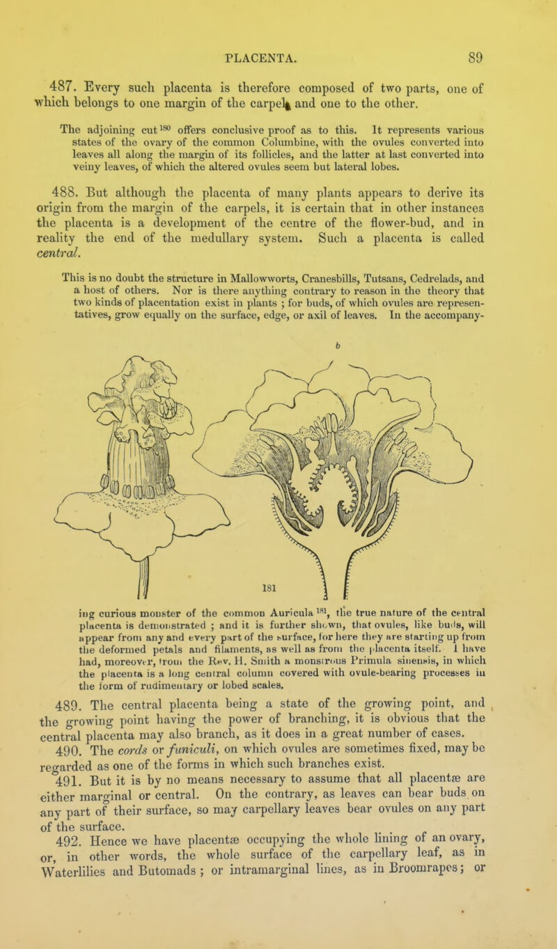 487. Every such placenta is therefore composed of two parts, one of which belongs to one margin of the carpel^ and one to the other. The adjoining cut'** offers conclusive proof as to this. It represents various states of the ovary of the common Cokmibine, with the ovules converted into leaves all along the margin of its follicles, and the latter at last converted into veiny leaves, of which the altered ovules seem but lateral lobes. 488. But although the placenta of many plants appears to derive its origin from the margin of the carpels, it is certain that in other instances the placenta is a development of the centre of the flower-bud, and in reality the end of the medullary system. Such a placenta is called central. This is no doubt the structure in Mallowworts, Cranesbills, Tutsans, Cedrelads, and a host of others. Nor is there anything conti*ary to reason in the theory that two kinds of placentation exist in plants ; for buds, of which ovules are represen- tatives, grow equally on the surface, edge, or axil of leaves. In the accompany- b iiig curious mouster of the common Auriculathe true nature of the central placenta is df nionstrated ; and it is further sIk.wu, that ovules, like buils, will appear from any and every part of the ^urface, for here they are starting up from the deformed petals and filaments, as well as from the ( lacenta itself. 1 have had, moreover, trom the Rev. 11. Smith a monstrous Primula siiienwis, in which the placenta is a long central column covered with ovule-bearing processes iu the iorm of rudimentary or lobed scales. 489. The central placenta being a state of the growing point, and the growing point having the power of branching, it is obvious that the central placenta may also branch, as it does in a great number of cases. 490. The cords or funiculi, on which ovules are sometimes fixed, maybe reo-arded as one of the forms in which such branches exist. *491. But it is by no means necessary to assume that all placentae are either marginal or central. On the contrary, as leaves can bear buds on any part of their surface, so may carpcllary leaves bear ovules on any part of the surface. 492. Hence we have placentae occupying the whole hning of an ovary, or, in other words, the whole surface of the carpcllary leaf, as in Waterlilies and Butoraads ; or intramarginal lines, as in Broomrapcs; or
