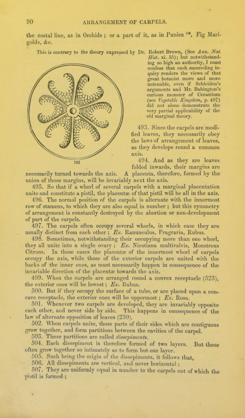 the costal line, as in Orchids ; or a part of it, as in Piinica Fig Mari- golds, &c. This is contrary to the theory expressed by Dr. Robert Brown, (See Ann. Nat. Hist. xi. 35); but notwithstand- ing so high an authority, I must confess that each succeeding in- quiry renders the views of that great botanist more and more untenable, even if Schleiden's arguments and Mr. Babington's cui'ious monster of Cerastium (see Vegetable Kingdom, p. 497) did not alone demonstrate the very jmrtial applicability of the old marginal theory. 493. Since the carpels are modi- fied leaves, they necessarily obey the laws of arrangement of leaves, as they develope round a common axis. 494, And as they are leaves folded inwards, their margins are necessarily turned towards the axis. A placenta, therefore, formed by the union of those margins, will be invariably next the axis. 495. So that if a Avhorl of several carpels with a marginal placentation unite and constitute a pistil, the placentae of that pistil will be all in the axis. 496. The normal position of the carpels is alternate with the innermost row of stamens, to which they are also equal in number ; but this synmietry of arrangement is constantly destroyed by the abortion or non-development of part of the carpels. 497. The carpels often occupy several whorls, in which case they are usually distinct from each other ; Ex. Ranunculus, Fragraria, Rubus. 498. Sometimes, notwithstanding their occupying more than one whorl, they all unite into a single ovai-y ; Ex. Nicotiana multivalvis. Monstrous Citrons. In these cases the placentae of the innermost whorl of carpels occupy the axis, while those of the exterior carpels are united with the backs of the inner ones, as must necessarily happen in consequence of the invariable direction of the placentae towards the axis. 499. When the carpels are arranged round a convex receptacle (523), the exterior ones will be lowest; Ex. Rubus. 500. But if they occupy the surface of a tube, or are placed upon a con- cave receptacle, the exterior ones will be uppermost ; Ex. Rosa. 501. Whenever two carpels are developed, they are invariably opposite each other, and never side by side. This happens in consequence of the law of alternate opposition of leaves (250). 502. When carpels unite, those parts of their sides which are contiguous grow together, and form partitions between the cavities of the carpel. 503. These partitions are called dissepiments. 504. Each dissepiment is therefore formed of two layers. But these often grow together so intimately as to form but one layer. 505. Such being the origin of the dissepiments, it follows that, 506. All dissepiments are vertical, and never horizontal ; 507. They are uniformly equal in number to the carpels out of which the pistil is formed ;