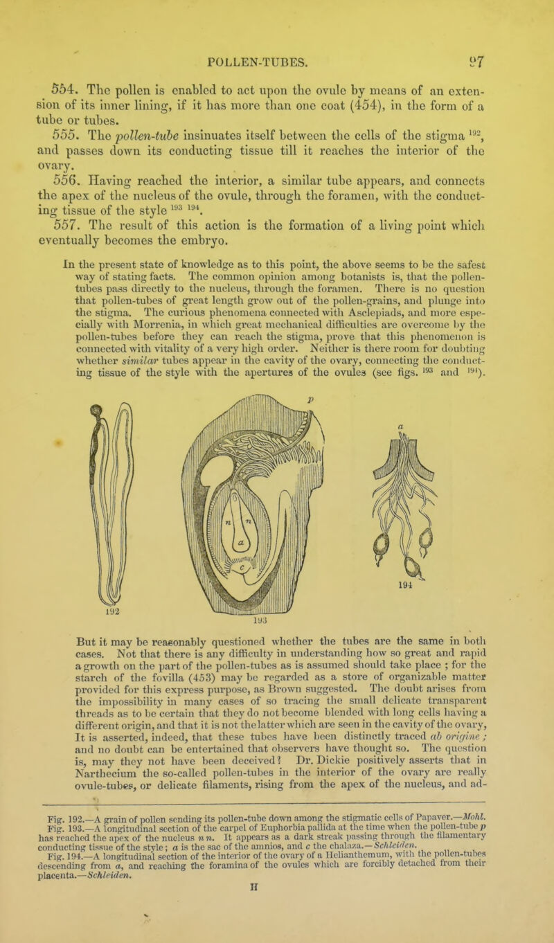 554. The pollen is enabled to act upon the ovule by means of an exten- sion of its inner lining, if it has more than one coat (454), in the form of a tube or tubes. 555. The pollen-tuhe insinuates itself between the cells of the stigma and passes down its conducting tissue till it reaches the interior of the ovary. 556. Having reached the interior, a similar tube appears, and connects the apex of the nucleus of the ovule, through the foramen, with the conduct- ing tissue of the style ''•'^ 557. The result of this action is the formation of a living point which eventually becomes the embryo. In the present state of knowledge as to this point, the above seems to be the safest way of stating facts. The common opinion among botanists is, that tlie pollen- tubes pass directly to the nucleus, through the foramen. There is no question that pollen-tubes of great length grow out of the pollen-grains, and plunge into the stigma. The curious phenomena connected with Asclepiads, and more espe- cially with Morrenia, in which great mechanical difficulties are overcome by tho pollen-tubes before they can reach the stigma, prove that this phenomenon is coimected with vitality of a very high order. Neither is there room lor doubting whether similar tubes appear in the cavity of the ovary, connecting the conduct- ing tissue of the style with the apertures of the ovules (see figs. and ''■). But it may be reasonably questioned whether the tubes are the same in both cases. Not that there is any difficulty in understanding how so great and rapid a growth on the part of the pollen-tubes as is assumed should take place ; for the starch of the fovilla (453) may be regarded as a store of organizable matter provided for this express purpose, as Brown suggested. The doubt arises from the impossibility in many cases of so ti-acing the small delicate transparent threads as to be certain that they do not become blended with long cells liaving a different origin, and that it is not the latter which are seen in the cavity of the ovary, It is asserted, indeed, that these tubes have been distinctly traced ah oi^igine ; and no doubt can be entertained that observers have thought so. The question is, may they not have been deceived? Dr. Dickie positively asserts that in Narthecium the so-called pollen-tubes in the interior of the ovary are really ovule-tubes, or delicate filaments, rising from the apex of the nucleus, and ad- Fig. 192.—A grain of pollen sending its pollen-tube down among the stigmatic cells of Papaver.— ¥ig. 193.—A longitudinal section of tlie carpel of Euphorbia pallida at the time when the pollen-tube p has reached the apex of the nucleus nn. It appears as a dark streak passing through the tllaraentary conducting tissue of the stvle; a is the sac of the amnios, and c the c\\;ihv/.a.—Schlci'len. Fig. 194.—A longitudinal section of the interior of the ovary of a llclianthcmum, willi the pollen-tuhes de.scending from a, and reaching the foramina of the ovules which are forcibly detached from their placenta.—Schleiden, H V