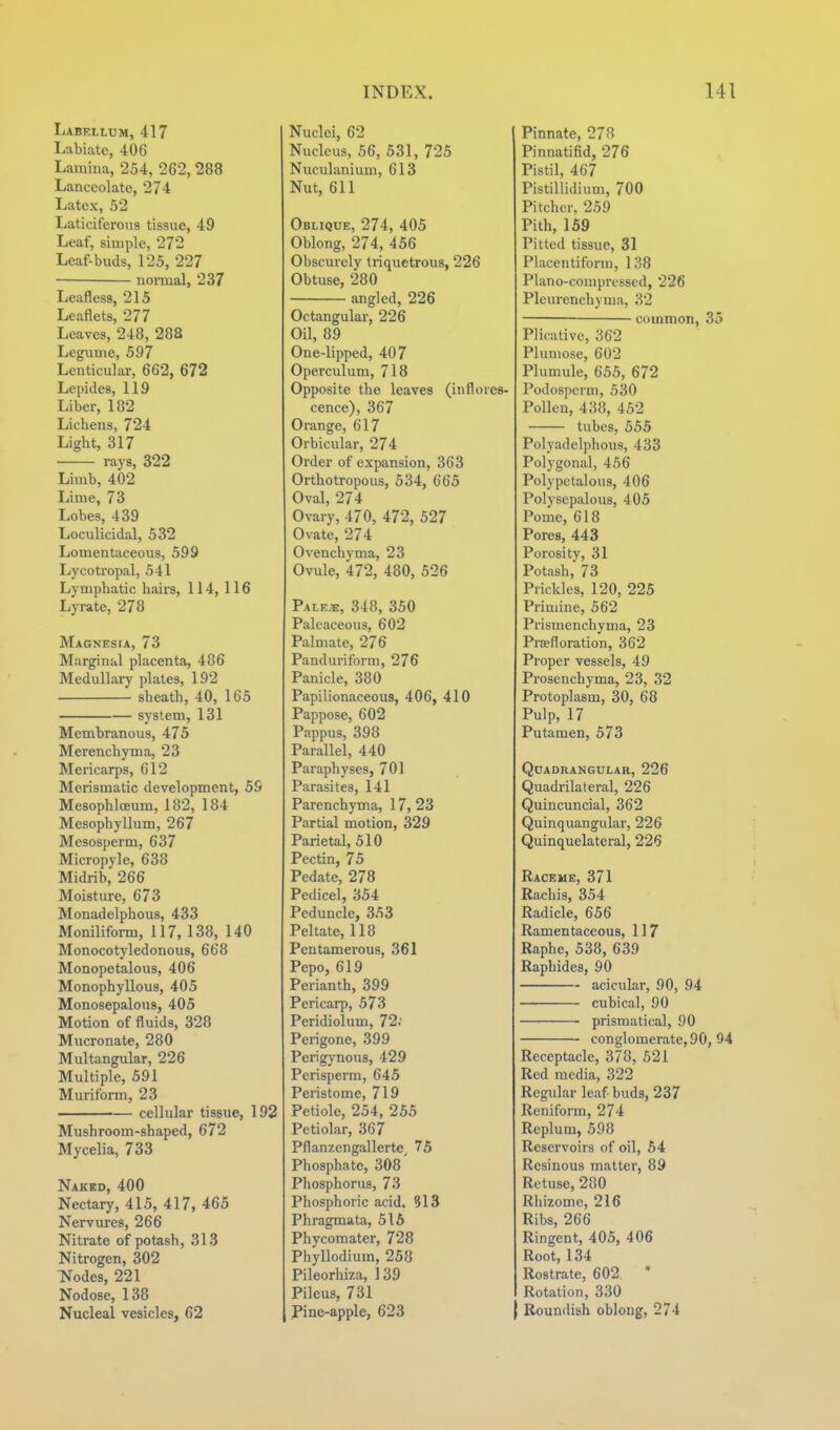 Labellum, 417 Labiate, 406 Lamina, 254, 262, 288 Lanceolate, 274 Latex, 52 Laticiferous tissue, 49 Leaf, simple, 272 Leaf-buds, 125, 227 normal, 237 Leafless, 215 Leaflets, 277 Leaves, 248, 288 Legume, 597 Lenticular, 662, 672 Lepides, 119 Liber, 182 Lichens, 724 Light, 317 rays, 322 Limb, 402 Lime, 73 Lobes, 439 Loculicidal, 532 Lomentaceous, 599 Ijycotropal, 541 Lymphatic hairs, 114, 116 Lyrate, 278 Magnesia, 73 Marginiil placenta, 486 Medullary ])lates, 192 sheath, 40, 1G5 system, 131 Memhranous, 475 Merenchyma, 23 Mericarps, 612 Merismatic development, 55 Mesophloeum, 182, 184 Mesophyllum, 267 Mesosperm, 637 Micropyle, 638 Midrib, 266 Moisture, 673 Monadelphous, 433 Moniliform, 117, 138, 140 Monocotyledonous, 668 Monopetalous, 406 Monophyllous, 405 Monosepalous, 405 Motion of fluids, 328 Mucronate, 280 Multangular, 226 Multiple, 591 Muriform, 23 cellular tissue, 192 Mushroom-shaped, 672 Mycelia, 733 Naked, 400 Nectary, 415, 417, 465 Nervures, 266 Nitrate of potash, 313 Nitrogen, 302 Nodes, 221 Nodose, 138 Nucleal vesicles, 62 Nuclei, 62 Nucleus, 56, 531, 725 Nuculanium, 613 Nut, 611 Oblique, 274, 405 Oblong, 274, 456 Obscurely triquetrous, 226 Obtuse, 280 angled, 226 Octangular, 226 Oil, 89 One-lipped, 407 Operculum, 718 Opposite the leaves (inflores- cence), 367 Orange, 617 Orbicular, 274 Order of expansion, 363 Orthotropous, 534, 665 Oval, 274 Ovary, 470, 472, 527 Ovate, 274 Ovenchyma, 23 Ovule, 472, 480, 526 Pale.e, 348, 350 Paleaceous, 602 Palmate, 276 Panduriform, 276 Panicle, 380 Papilionaceous, 406, 410 Pappose, 602 Pappus, 398 Parallel, 440 Paraphyses, 701 Parasites, 141 Parenchym.a, 17, 23 Partial motion, 329 Parietal, 510 Pectin, 75 Pedate, 278 Pedicel, 354 Peduncle, 353 Peltate, 118 Pentamerous, 361 Pepo, 619 Perianth, 399 Pericarp, 573 Peridiolum, 72; Perigone, 399 Perigynous, 429 Perisperm, 645 Peristome, 719 Petiole, 254, 255 Petiolar, 367 Pflanzengallerte, 75 Phosphate, 308' Phosphorus, 73 Phosphoric acid. 313 Phragmata, 516 Phycomater, 728 Phyllodium, 258 Pileorhiza, 139 Pileus, 731 Pine-apple, 623 Pinnate, 278 Pinnatifid, 276 Pistil, 467 Pistillidium, 700 Pitcher, 259 Pith, 159 Pitted tissue, 31 Placentiform, 138 Piano-compressed, 226 Pleurenchyma, 32 • • common, 35 Plicative, 362 Plumose, 602 Plumule, 655, 672 Podosperm, 530 Pollen, 438, 452 tubes, 555 Polyadel])hous, 433 Polygonal, 456 Polypctalous, 406 Polysepalous, 405 Pome, 618 Pores, 443 Porosity, 31 Potash, 73 Prickles, 120, 225 Primine, 562 Prismenchyma, 23 Praefloration, 362 Proper vessels, 49 Prosenchyma, 23, 32 Protoplasm, 30, 68 Pulp, 17 Putamen, 573 Quadrangular, 226 Quadrilateral, 226 Quincuncial, 362 Quinquangular, 226 Quinquelateral, 226 Raceme, 371 Rachis, 354 Radicle, 656 Ramentaceous, 117 Raphe, 538, 639 Raphides, 90 acicular, 90, 94 cubical, 90 prismatical, 90 conglomerate, 90, 94 Receptacle, 378, 521 Red media, 322 Regular leaf buds, 237 Reniform, 274 Replum, 598 Reservoirs of oil, 54 Resinous matter, 89 Retuse, 280 Rhizome, 216 Ribs, 266 Ringent, 405, 406 Root, 134 Rostrate, 602 * Rotation, 330 Roundish oblong, 274