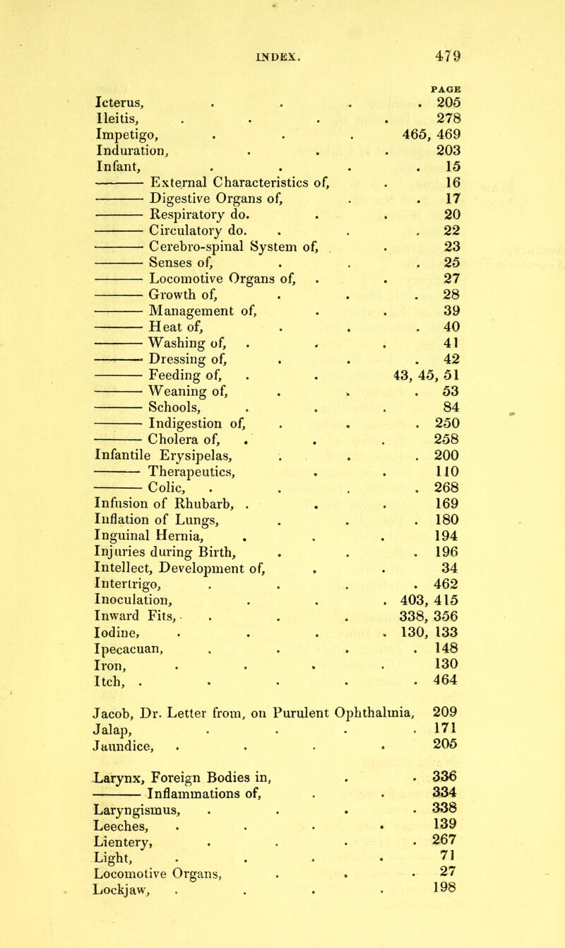 Xarynx, Foreign Bodies in, Inflammations of. Laryngismus, Leeches, Lientery, Light, Locomotive Organs, Lockjaw, PAGE . 205 278 465, 469 203 15 16 17 20 22 23 25 27 28 39 40 41 42 45, 51 43, Icterus, Ileitis, Impetigo, . . Induration, Infant, External Characteristics of, Digestive Organs of, Respiratory do. Circulatory do. Cerebro-spinal System of, . Senses of, Locomotive Organs of, Growth of, Management of, Heat of, Washing of, ' Dressing of, Feeding of, Weaning of, . » .53 Schools, ... 84 Indigestion of, . , . 250 Cholera of, . . . 258 Infantile Erysipelas, . . . 200 — Therapeutics, , . 110 Colic, . . . .268 Infusion of Rhubarb, . . . 169 Inflation of Lungs, . . .180 Inguinal Hernia, . . . 194 Injuries during Birth, . . . 196 Intellect, Development of, . . 34 Intertrigo, .... 462 Inoculation, . . . 403, 415 Inward Fits, . . . 338, 356 Iodine, .... 130, 133 Ipecacuan, Iron, Itch, . Jacob, Dr. Letter from, on Purulent Ophthalmia Jalap, Jaundice, 148 130 464 209 171 205 336 334 338 139 267 71 27 198