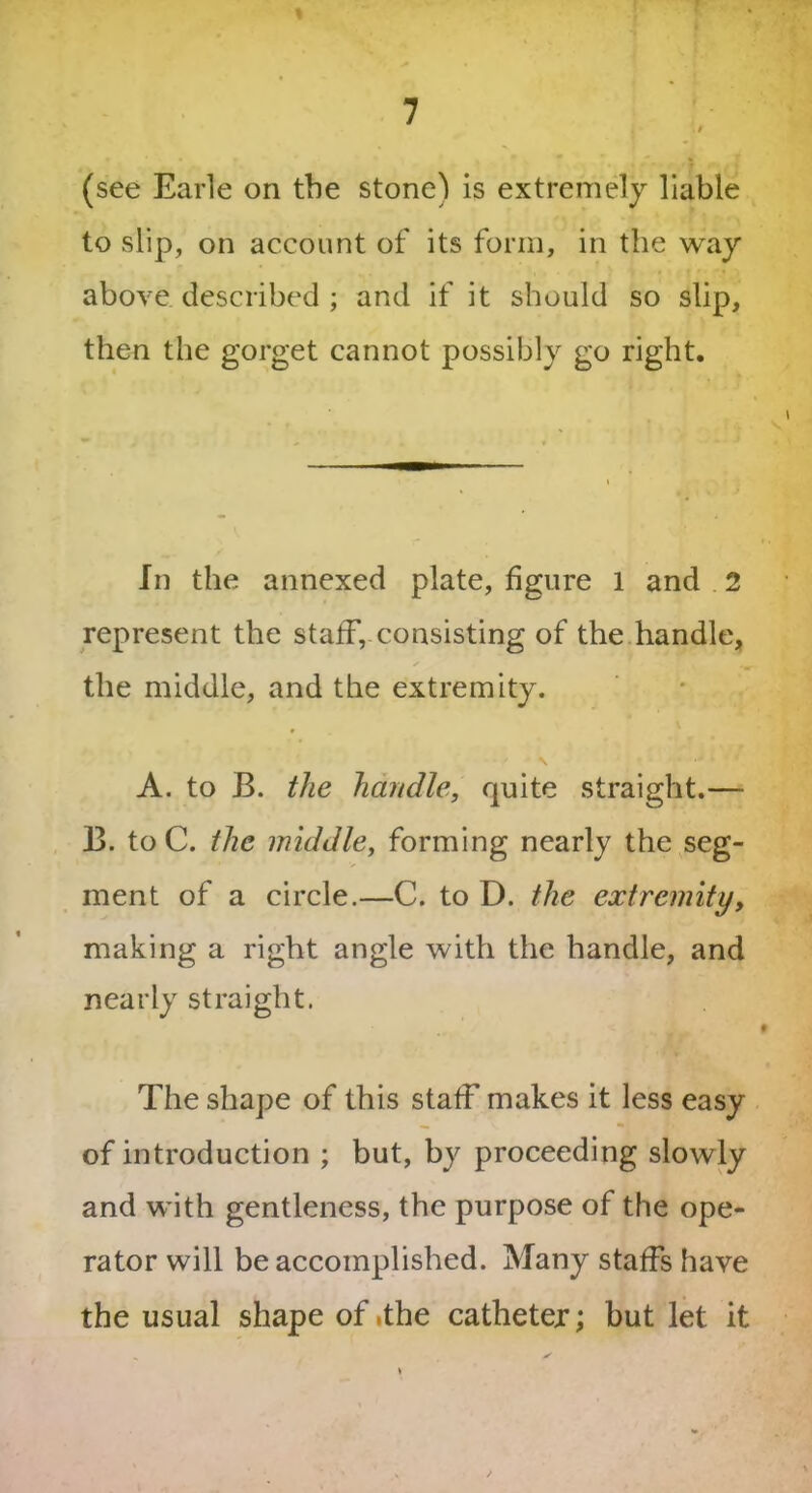 (see Earle on the stone) is extremely liable to slip, on account of its form, in the way above described ; and if it should so slip, then the gorget cannot possibly go right. In the annexed plate, figure 1 and 2 represent the staff, consisting of the handle, the middle, and the extremity. \ ' * ? 4 A. to B. the handle, quite straight.— B. to C. the middle, forming nearly the seg- ment of a circle.—C. to D. the extremity, making a right angle with the handle, and nearly straight. The shape of this staff makes it less easy of introduction ; but, by proceeding slowly and with gentleness, the purpose of the ope- rator will be accomplished. Many staffs have the usual shape of .the catheter; but let it