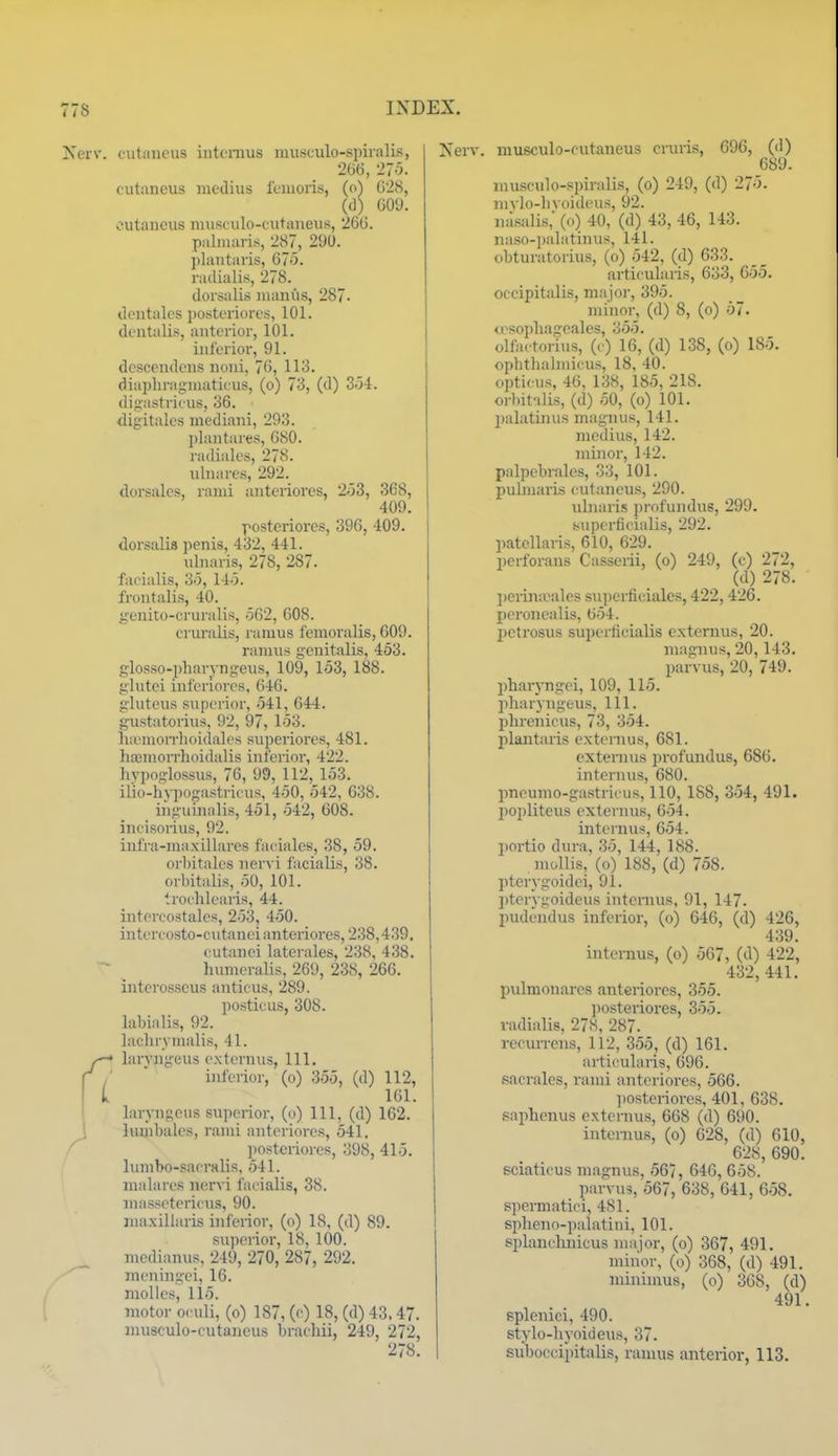 cutaiicus intcmus musculo-spiralis, 266, '270. outaneus medius ieiiioris, (o) 628, ((]) 60y. outaneus niusculo-ciitaneiis, 266. pahuaris, 287, 290. plantaris, 675. railialis, 278. dorsalis iiianfts, 287- dcntales po.stenorcs, 101. dontalis, anterior, 101. inferior, 91. descendcns noni, 76, 113. diaphragniatieus, (o) 73, (d) 3.34. digastricus, 36. digitalcs mediani, 293. ])lantares, 680. radialos, 278. ulnaiTS, 292. <lorsales, rami anteriores, 2.53, 368, 409. postcriores, 396, 409. dorsalis penis, 432, 441. nlnaris, 278, 287. facialis, 3.5, 14.5. frontalis, 40. genito-cruralis, .562, 608. eruralis, I'araus femoralis, 609. ramus genitalis, 453. glosso-pharyngeus, 109, 153, 188. glutei inferiorcs, 646. gluteus superior, 541, 644. gustatorius, 92, 97, 153. lurmorrhoidales superiores, 481. liajmorrhoidalis inferior, 422. hypoglossus, 76, 99, 112, 153. ilio-liypogastricus, 450, 542, 638. inguinalis, 451, .542, 608. incisorius, 92. infra-ma.\-illares faciales, 38, 59. orbitales nervi facialis, 38. ori)italis, 50, 101. troelilearis, 44. intercostalcs, 253, 4-50. intenosto-cutanei anteriores, 238,439. t utanci laterales, 238, 438. humeralis, 269, 238, 266. intcrosseus anticus, 289. posticus, 308. labialis, 92. lachrymalis, 41. laryaigeus e.xteruus, 111. inferior, (o) 355, (d) 112, 161. laryngeus superior, (o) 111, (d) 162. lumbales, rami anteriores, 541, ])ostcriores, 398, 415. lunibo-sacralis, 541. iiialares nervi facialis, 38. massetericus, 90. jna.xillaris inferior, (o) 18, (d) 89. superior, 18, 100. medianus, 249, 270, 287, 292. meningci, 16. molles, 115. motor oculi, (o) 187, (c) 18, (d) 43,47. musculo-cutaneus braehii, 249, 272, 278. •V. musculo-cutaneus cruris, 696, (d) 689. musculo-spiralis, (o) 249, (d) 275. niylo-li\ oid(His, 92. iia.salis, (o) 40, (d) 43, 46, 143. na.so-i)alatinus, 141. obturatorius, (o) 542, (d) 633. articularis, 633, 655. occipitalis, majo)-, 395. minor, (d) 8, (o) 57. tt>sopliagealcs, 3-55. olfactorius, ((•) 16, (d) 138, (o) 185. ophtlialmicus, 18, 40. opticus, 46, 138, 185, 218. orbifilis, (d) 50, (o) 101. palatinus magnus, 141. medius, 142. minor, 142. palpebrals, 33, 101. pulniarLs cutaneus, 290. ulnaris profundus, 299. .supcrficialis, 292. patcllaris, 610, 629. perforans Casserii, (o) 249, (c) 272, (d) 278. jteiijiivalcs superficiales, 422,426. peronealis, 654. pctrosus superticialis extemus, 20. magnus, 20,143. parvus, 20, 749. pharj-ngei, 109, 115. jiharyngeus, 111. plirenicus, 73, 354. plantaris e.xtenius, 681. externus profundus, 686. internus, 680. pneumo-gastricus, 110, 188, 3'54, 491. l)opliteus externus, 654. internus, 654. portio dura, 35, 144, 188. mollif;, (o) 188, (d) 758. pterygoidci, 91. pterygoideus intcmus, 91, 147. pudendus inferior, (o) 646, (d) 426, 439. internus, (o) 567, (d) 422, 432, 441. pulmonares anteriores, 355. posteriores, 355. vadialis, 278, 287. recun-ens, 112, 355, (d) 161. articularis, 696. sacrales, rami anteriores, 566. ]iosteriores, 401, 638. .saphenus externus, 668 (d) 690. intcmus, (o) 628, (d) 610, 628, 690. sciaticus magnus, 567, 646, 658. parvus, 567, 638, 641, 658. spermatiei, 481. splieno-palatini, 101. splancluiicus major, (o) 367, 491. minor, (o) 368, (d) 491. minimus, (o) 368, (d) 491. eplenici, 490. stylo-hyoideus, 37. suboccipitalis, ramus anterior, 113.