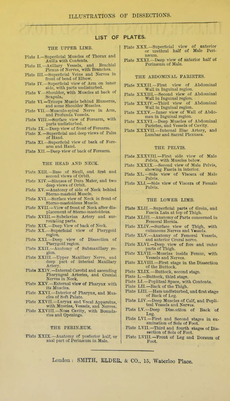 LIST OF THE UPPER LIMB. Plate I.—Sunerlicial Muscles of Thorax and Axilla with Contents. Plate II.—Axillary Vessels, and Brachial Plexus of Ker\'es, with Brandies. Plate III.—Superficial Veins and Nerves in front of bend of Elbow. Plate IV.—Superficial view of Arm on inner side, with parts undisturbed. Plate v.—Shoulder, with Muscles at back of Scapula. Plate VI.—Triceps Muscle behind Humerus, and some Shoulder Muscles. Plate VII.—Musculo-S]>iral Nerve in Arm, and Profunda Vessels. Plate VIII.—Surface view of Forearm, with parts undisturbed. Plate IX.—Deep view of front of Forearm. Plate X.—Superficial and deep views of Palm of Hand. Plate XI.—Superficial view of back of Fore- arm and Hand. Plate XII.—Deep view of back of Forearm. THE HEAD AND NECK. Plate XIII.-Base of Skull, and first and second views of Orbit. Plate XIV.—Sinuses of Dura Mater, and two deep views of Orbit. Plate XV.—Anatomy of side of Neck behind Sterno-mastoid Muscle. Plate XVI.—Surface view of Neck in front of Stemo-mastoideus Muscle. Plate XVII.—View of front of Neck after dis- placement of Stemo-mastoideus. Plate XVIII.— Subclavian Arterj' and sur- rouading parts. Plate XIX.—Deep View of back of Neck. Plate XX.—Superficial view of Pterygoid region. Plate XXI.—Deep view of Dissection of Pterygoid region. Plate XXII.—Anatomy of SubmaxiUarj' re- gion. Plate XXIII.—Upper Maxillarj- Nerve, and dee)) part of internal Maxillary Artery. Plate XXIV.—Internal Carotid and ascending Pharyngeal Arteries, and Cranial Nerves in Neck. Plate XXV,—External view of Pharynx with its Muscles. Plate XXVI.—Interior of Pharynx, and Mus- cles of Soft Palate. Plate XXVII.—Larj-nx and Vocal Apparatus, with Muscles, Vessels, and Nerves. Plate XXV r 11.—Nose Cavity, with Bounda- ries and Openings. THE PERIN^U>L Plate XXIX.—Anatomy of posterior half, or anal part of Perinaeum in Male. PLATES. Plate XXX.—Superficial view of anterior or urethral half of Male Peri- nfeum. Plate XXXI.—Deep view of anterior half ol Perinajum of Male. THE ABDOMINAL PARIETES. Plate XXXII.—First view of Abdominal Wall in Inguinal region. Plate XXXIIL—Second view of Abdominal Wall in Inguinal region. Plate XXXIV.—Third view of Abdominal Wall in Inguinal region. Plate XXXV.—Inner view of Wall of Abdo- men in Inguinal region. Plate XXXVI.—Deep Muscles of Abdominal Parietes, and Vessels of Cavity. Plate XXXVII.—Internal Iliac Artery, and Lumbar and Sacral Plexuses. THE PELVIS. PlaU XXXVIII.—First side view of Male Pelvis, with Muscles below. Plate XXXIX.—Second view of Male Pclvi-s, showing Fascia in interior. Plate XL.—Side view of Viscera of Male Pelvis. Plate XLI.—Side view of Viscera of Female Pelvis. THE LOWER LIMB. Plate XLII.—Superficial parts of Groin, and Fascia Lata at top of Tliigli. Plate XLIII.—Anatomy of Parts concerned iu Femoral Hernia. Plate XLIV.—Surface view of Thigh, with cutaneous Nerves and Vessels. Plate XLV.—Anatomy of Femoral Vessels, and anterior Crural norve. Plate XLVI.—Deep view of fore and outer parts of Thigli. Plate XLVII.—Muscles inside Femur, with Vessels and Nerves. Plate XLVIII.—First stage in the Dissection of the Buttock. Plate XLIX.—Buttock, second stage. Plate L.—Buttock, third stage. Plate LI.—Popliteal Space, with Contents. Plate LII.—Back of the Thigh. Plate LIII.—Ham undisturbed, and first stage of Back of Leg. Plate LIV.—Deep Muscles of Calf, and Popli- teal Vessels and Nerves. Plate Lv.—Deep Dissection of Back of Leg. Plate LVI.—First and Second stages in ex- amination of Sole of Foot. Plate LVII.—Third and fourth stages of Dis- section of Sole of Foot. Plate LVIII.—Front of Leg and Dorsum of Foot. Loadou : SMITH, ELDER. & CO., 15, Waterloo Place.