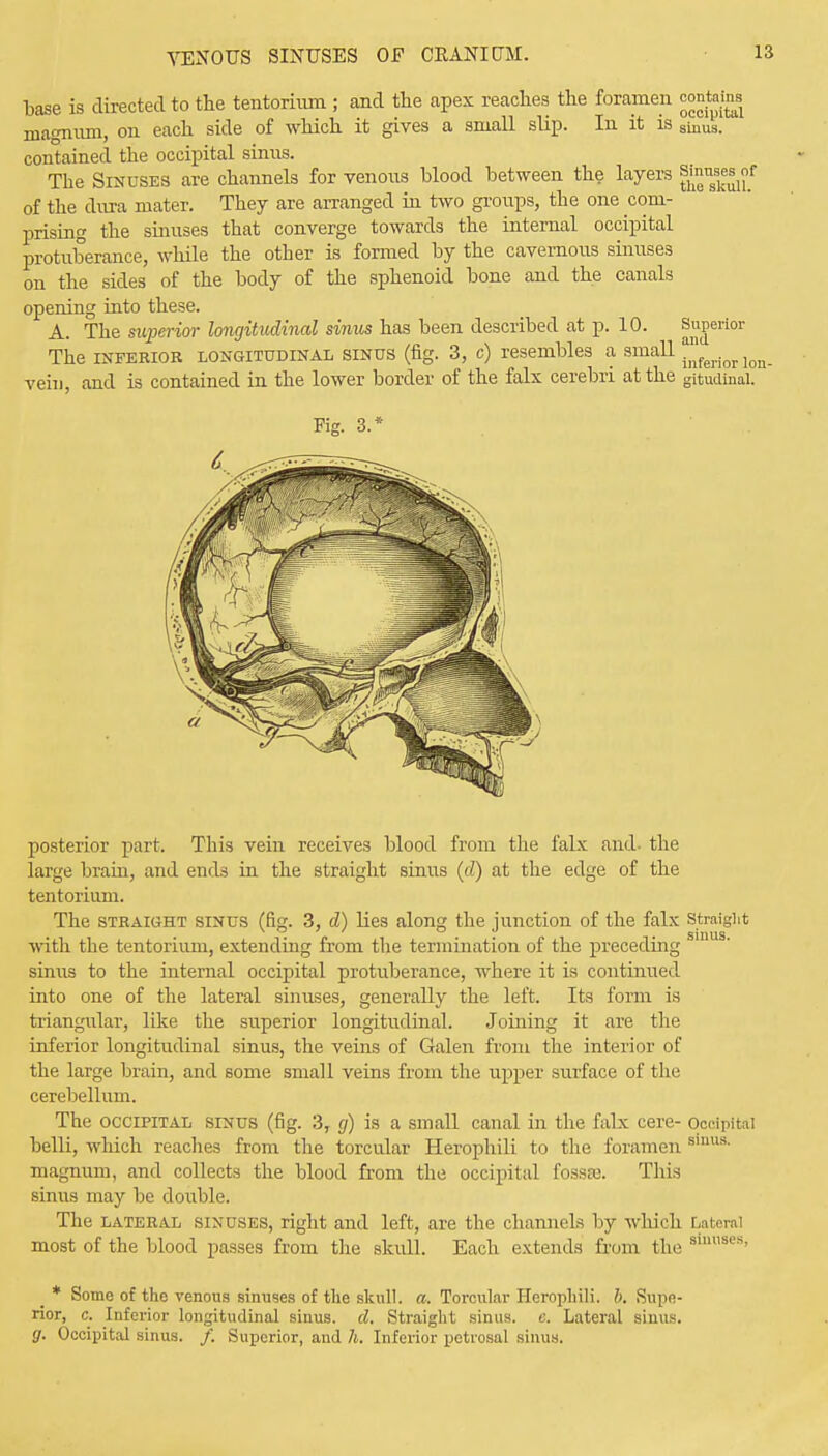 VENOUS SINUSES OF CRANIUM. base is directed to the tentorium ; and the apex reaches the foramen magnum, on each side of which it gives a small slip. In it is contained the occipital sinus. The Sinuses are channels for venous blood between the layers of the dura mater. They are arranged in two groups, the one com- prising the sinuses that converge towards the internal occipital protuberance, while the other is formed by the cavernous sinuses on the sides of the body of the sphenoid bone and the canals opening into these. A. The superior longitudinal sinus has been described at p. 10. The inferior longitudinal sinus (fig. 3, c) resembles a small vein, and is contained in the lower border of the falx cerebri at the contains occipital sinus. Sinuses of the skull. Superior and inferior lon- gitudinal. Fig. 3.1 posterior part. This vein receives blood from the falx and- the large brain, and ends in the straight sinus (d) at the edge of the tentorium. The straight sinus (fig. 3, d) lies along the junction of the falx straight with the tentorium, extending from the termination of the preceding sinus to the internal occipital protuberance, where it is continued into one of the lateral sinuses, generally the left. Its form is triangular, like the superior longitudinal. Joining it are the inferior longitudinal sinus, the veins of Galen from the interior of the large brain, and some small veins from the upper surface of the cerebellum. The occipital sinus (fig. 3T g) is a small canal in the falx cere- occipital belli, which reaches from the torcular Herophili to the foramen smus- magnum, and collects the blood from the occipital fossaa. This sinus may be double. The lateral sinuses, right and left, are the channels by which Lateral most of the blood passes from the skull. Each extends from the smns,'s' * Some of the venous sinuses of the skull, a. Torcular Herophili. b. Supo- rior, c. Inferior longitudinal sinus, d. Straight sinus, e. Lateral sinus. g. Occipital sinus. /. Superior, and h. Inferior petrosal sinus.