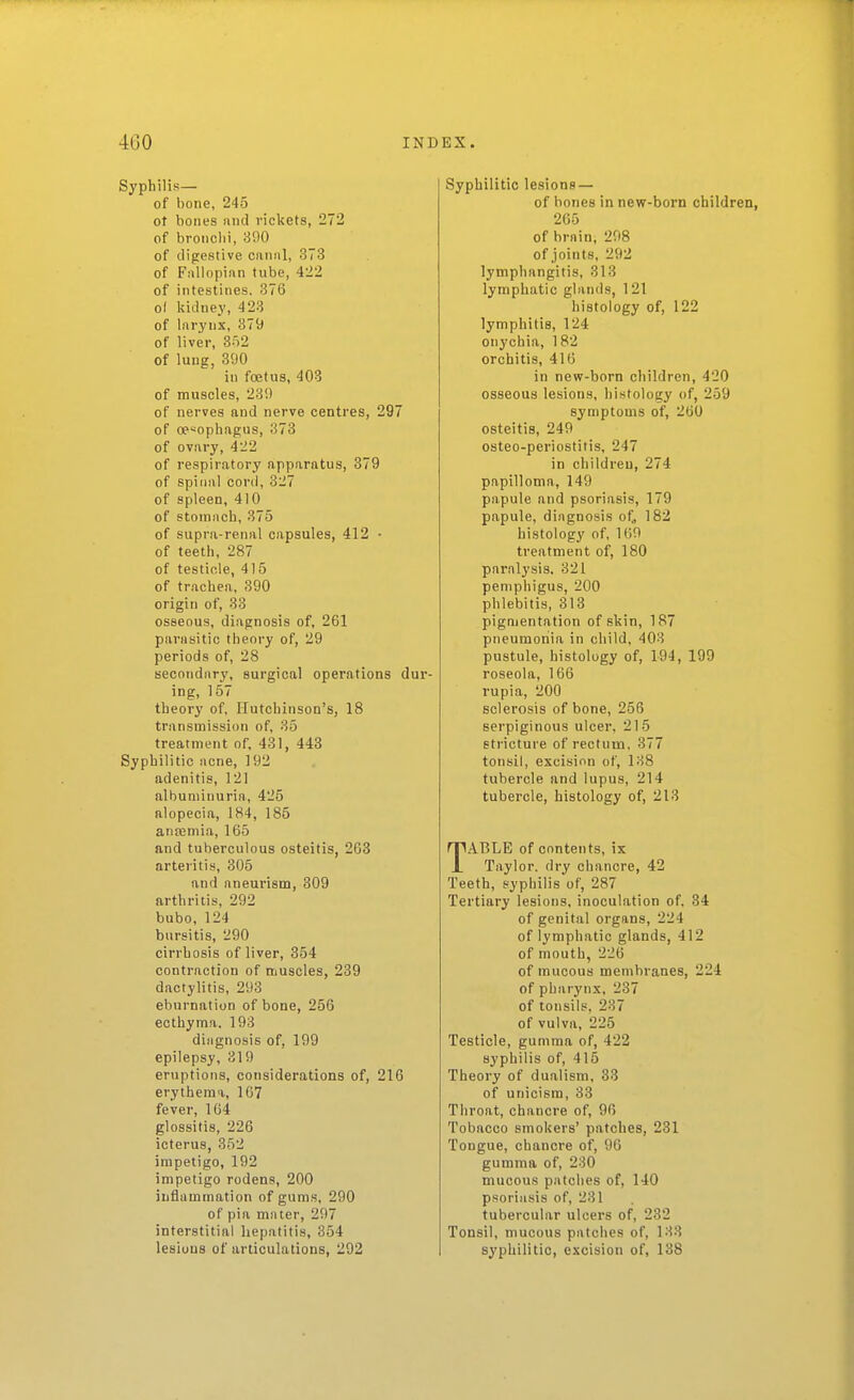 Syphilis— of bone, 245 ot bones and rickets, 272 of bronchi, 8fl0 of digestive cimnl, 373 of F:illopian tube, 422 of intestines. 376 ol Iddney, 423 of larynx, 379 of liver, 3r)2 of lung, 390 in foetus, 403 of muscles, 231) of nerves and nerve centres, 297 of op'^ophagus, 373 of ovary, 422 of respiratory apparatus, 879 of spinal cord, 327 of spleen, 410 of stomach, 375 of supra-renal capsules, 412 • of teeth, 287 of testicle, 415 of trachea, 390 origin of, 33 osseous, diagnosis of, 261 pai-asitic theory of, 29 periods of, 28 secondary, surgical operations dur- ing, 157 theory of, Hutchinson's, 18 transmission of, 35 treatment of, 431, 443 Syphilitic acne, 192 adenitis, 121 albuminuria, 425 alopecia, 184, 185 ansemia, 165 and tuberculous osteitis, 263 arteritis, 305 and aneurism, 309 arthritis, 292 bubo, 124 bursitis, 290 cirrhosis of liver, 354 contraction of muscles, 239 dactylitis, 293 eburnation of bone, 256 ecthyma. 193 diagnosis of, 199 epilepsy, 319 eruptions, considerations of, 216 erythema, 167 fever, 164 glossitis, 226 icterus, 352 impetigo, 192 impetigo rodens, 200 inflammation of gums, 290 of pia mater, 297 interstitial hepatitis, 354 lesiuus of articulations, 292 Syphilitic lesions — of hones in new-born children, 265 of brain, 298 of joints, 292 lymphangitis, 313 lymphatic glands, 121 histology of, 122 lymphitis, 124 onychia, 182 orchitis, 416 in new-born children, 420 osseous lesions, histology of, 259 symptoms of, 260 osteitis, 249 osteo-periostitis, 247 in children, 274 papilloma, 149 papule and psoriasis, 179 papule, diagnosis of, 182 histology of, 169 treatment of, 180 paralysis. 321 pemphigus, 200 phlebitis, 313 pigmentation of skin, 187 pneumonia in child, 403 pustule, histology of, 194, 199 roseola, 166 rupia, 200 sclerosis of bone, 256 serpiginous ulcer, 215 stricture of rectum, 377 tonsil, excision of, 138 tubercle and lupus, 214 tubercle, histology of, 213 TABLE of contents, ix Taylor, dry chancre, 42 Teeth, syphilis of, 287 Tertiary lesions, inoculation of. 34 of genital organs, 224 of lymphatic glands, 412 of mouth, 226 of mucous membranes, 224 of pharynx, 237 of tonsils, 237 of vulva, 225 Testicle, gumma of, 422 syphilis of, 415 Theory of dualism, 33 of unicism, 33 Throat, chancre of, 96 Tobacco smokers' patches, 231 Tongue, chancre of, 96 gumma of, 230 mucous patches of, 140 psoriasis of, 231 tubercular ulcers of, 232 Tonsil, mucous patches of, 133 syphilitic, excision of, 138