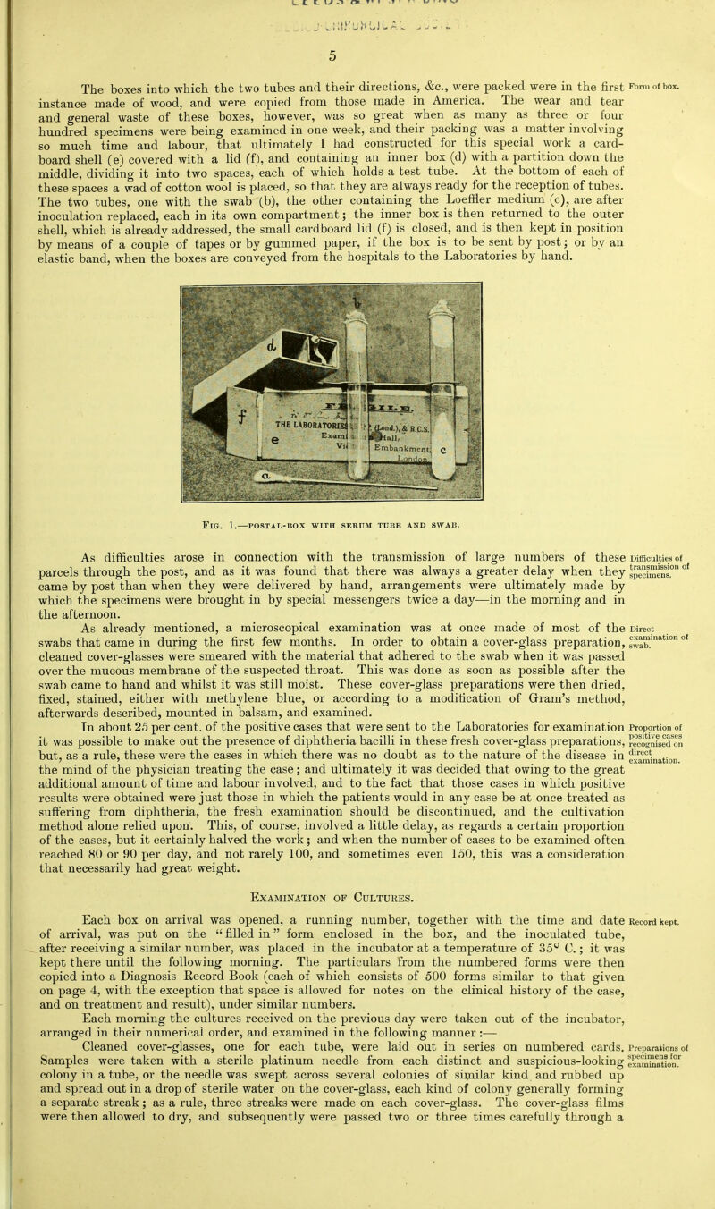 The boxes into which the two tubes and their directions, &c., were packed were in the first Form of box. instance made of wood, and were copied from those made in America. The wear and tear and general waste of these boxes, however, was so great when as many as three or four hundred specimens were being examined in one week, and their packing was a matter involving so much time and labour, that ultimately I had constructed for this special work a card- board shell (e) covered with a lid (f), and containing an inner box (d) with a partition down the middle, dividing it into two spaces, each of which holds a test tube. At the bottom of each of these spaces a wad of cotton wool is placed, so that they are always ready for the reception of tubes. The two tubes, one with the swab (b), the other containing the Loeffler medium (c), are after inoculation replaced, each in its own compartment; the inner box is then returned to the outer shell, which is already addressed, the small cardboard lid (f) is closed, and is then kept in position by means of a couple of tapes or by gummed paper, if the box is to be sent by post; or by an elastic band, when the boxes are conveyed from the hospitals to the Laboratories by hand. Fig. 1.—POSTAL-BOX with serum tube and swab. As difficulties arose in connection with the transmission of large numbers of these Difficulties of - - - - - - - - transniis&ioi'  specimens. parcels through the post, and as it was found that there was always a greater delay when they °' came by post than when they were delivered by hand, arrangements were ultimately made by which the specimens were brought in by special messengers twice a day—in the morning and in the afternoon. As already mentioned, a microscopical examination was at once made of most of the Direct swabs that came in during the first few months. In order to obtain a cover-glass preparation, s^vab^*'° °' cleaned cover-glasses were smeared with the material that adhered to the swab when it was passed over the mucous membrane of the suspected throat. This was done as soon as possible after the swab came to hand and whilst it was still moist. These cover-glass preparations were then dried, fixed, stained, either with methylene blue, or according to a modification of Gram's method, afterwards described, mounted in balsam, and examined. In about 25 per cent, of the positive cases that were sent to the Laboratories for examination Proportion of it was possible to make out the presence of diphtheria bacilli in these fresh cover-glass preparations, recognfseron but, as a rule, these were the cases in which there was no doubt as to the nature of the disease in eiamLation the mind of the physician treating the case; and ultimately it was decided that owing to the great additional amount of time and labour involved, and to the fact that those cases in which positive results were obtained were just those in which the patients would in any case be at once treated as suffering from diphtheria, the fresh examination should be discontinued, and the cultivation method alone relied upon. This, of course, involved a little delay, as regards a certain proportion of the cases, but it certainly halved the work ; and when the number of cases to be examined often reached 80 or 90 per day, and not rarely 100, and sometimes even 150, this was a consideration that necessarily had great weight. Examination of Cultures. Each box on arrival was opened, a running number, together with the time and date Record kept, of arrival, was put on the  filled in form enclosed in the box, and the inoculated tube, after receiving a similar number, was placed in the incubator at a temperature of 35® C.; it was kept there until the following morning. The particulars from the numbered forms were then copied into a Diagnosis Record Book (each of which consists of 500 forms similar to that given on page 4, with the exception that space is allowed for notes on the clinical history of the case, and on treatment and result), under similar numbers. Each morning the cultures received on the previous day were taken out of the incubator, arranged in their numerical order, and examined in the following manner:— Cleaned cover-glasses, one for each tube, were laid out in series on numbered cards. Preparations of Samples were taken with a sterile platinum needle from each distinct and suspicious-looking exam^ation'.'^ colony in a tube, or the needle was swept across several colonies of similar kind and rubbed up and spread out in a drop of sterile water on the cover-glass, each kind of colony generally forming a separate streak; as a rule, three streaks were made on each cover-glass. The cover-glass films were then allowed to dry, and subsequently were passed two or three times carefully through a