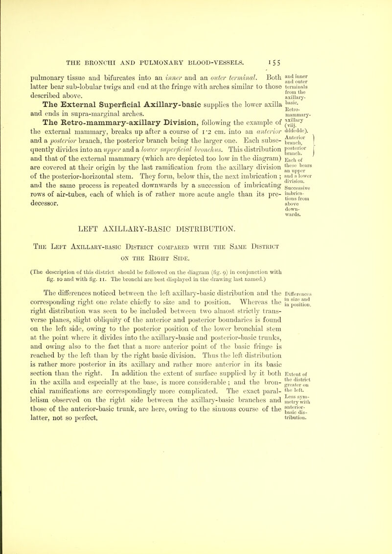 pulmonary tissue and bifurcates into an iiin<:r and an outer terminal. Botli audmner ■•■ ^ , , , _ and outer latter bear sub-lobular twigs and end at the fringe with arches similar to those terminals T Mil from the described above. axiiiary- The External Superficial Axillary-basic supplies the lower axilla and ends in supra-marginal arches, mammary- The Retro-mammary-axillary Division, following the example of the external mammary, breaks up after a course of i 2 cm. into an anterior dddedde). and a posterior branch, the posterior branch being the larger one. Each subse- ^^□'ch' quently divides into an iipper and a loioer superficial bronchus. This distribution and that of the external mammary (which are depicted too low in the diagi^am) Each of are covered at their orisfin by the last ramification from the axillary division ^^^^'^ ^'^^^'^ o J _ _ an upper of the posterior-horizontal stem. They form, below this, the next imbrication ; and a lower and the same process is repeated downAvards by a succession of imbricating gucgegg-ye rows of air-tubes, each of which is of rather more acute angle than its pre- imbrica- ° tions from deceSSOr. above down- wards. LEFT AXILLARY-BASIC DISTRIBUTION. The Left Axillary-basic District compared with the Same District ON THE Right Side. (The description of this district should be followed on the diagram (fig. 9) in coniunction with lig. 10 and with fig. 11. The bronchi are best displayed in the drawing last named.) The differences noticed between the left axillary-basic distribution and the Difference.s corresponding right one relate chiefly to size and to position. Whereas the |„ position right distribution was seen to be included between two almost strictly trans- verse planes, slight obliquity of the anterior and posterior boundaries is found on the left side, owing to the posterior position of the lower bronchial stem at the point where it divides into the axillary-basic and posterior-basic trunks, and owing also to the fact that a more anterior point of the basic fringe is reached by the left than by the right basic division. Thus the left distriljution is rather more posterior in its axillary and rather more anterior in its basic section than the right. In addition the extent of surface supplied by it both Extent of in the axilla and especially at the base, is more considerable ; and tlie bron- greale^ou*^ chial ramifications are correspondingly more complicated. The exact paral- ^^ l^^f- lelism observed on the right side between the axillary-basic branches and metry vWih those of the anterior-basic trunk, are here, owing to the sinuous course of the '^gi^ j|g latter, not so perfect, tributiou.