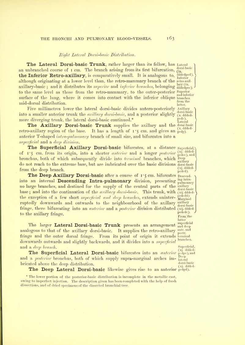 Right Lateral Dorsi-basic Distribution. The Lateral Dorsi-basic Trunk, rather larger than its fellow, has Lateiui an unbranchecl course of i cm. The branch arising from its first bifurcation, ^.'^^^^'^^^i'^ the Inferior Retro-axillary, is comparatively small. It is analogous to, j^'^fj;.'?^'®'^''') although originating at a lower level than, the retro-mammaiy branch of the retio axii- axillary-basic ; audit distributes its svpcrior and inferior hranches, belonging dddedijee). to the same level as those from the I'etro-mammary, to the outer-posterior Siipenor_ •ii'c' iT inferior surface of the lung, where it comes into contact with the inferior oblique branches mid-dorsal distribution. latter!^° Five millimetres lower the lateral dorsi-basic divides antero-posteriorly Axillary ^ into a smaller anterior trunk the axiUary dorsi-basir, and a posterior slightly (x. ddded- more diverging trunk, the lateral dorsi-basic continued.* Lateral ^ The Axillary Dorsi-basic Trunk supplies the axillary and the dorsi-basic •PIT -r 1 IIP T . C-^- 'Wded- retro-axiilary region 01 the base. it has a length 01 i 5 cm. and gives an piHip). anterior T-shaped intra-jndmonayrjj branch of small size, and bifurcates into a supcrfi'Ciat and a deep divisinu. The Superficial Axillary Dorsi-basic bifurcates, at a distance Superficial,^ of I'5 cm. from its origin, into a shorter anterior and a longer piosterior peLe^^'ami bronchus, both of which subsequently divide into terminal branches, which ^''^''P ) . . .... axillary ' do not reach to the extreme base, but are imbricated over the basic divisions dorsi-basic from the deep branch. peLd)!^'^'^' The Deep Axillary Dorsi-basic after a course of l'5 cm. bifurcates Desceud- into an internal Descending Intra-pulmonary division, presenting jf^^njouai-y no large branches, and destined for the supply of the central parts of the base; and into the continuation of the ardlary dorsi-basic. This trunk, with (xij.ddded-\ the exception of a few short siqjcrjleial and deep branches., extends uninter- ji[iar^'i2ii ruptedly downwards and outwards to the neiofhbourhood of the axillary a-^iiiaiy ° dorsi-basic fringe, there bifurcating into an anterior and & p)osterior division distributed (xij. ddded- to the axillary fringfe. pedede). From the latter The larger Lateral Dorsi-basic Trunk presents an arrangement allfrdeejT' analogous to that of the axillary dorsi-basic. It supplies the retro-axillary p^J^^;.'^'^'^ fringe and the outer dorsal fringe. From its point of origin it extends terminal downwards outwards and slightly backwards, and it divides into a snperficicd^ i^ncie . and a deep braneli.. Superficial, The Superficial Lateral Dorsi-basic l^ifurcates into an anterior p. dpe), and and a piosterior bronchus, both of which sujaply supra-marginal arches im- lateral bricated above the deep distribution. dorsi-basic i . (^]- ddded- The Deep Lateral Dorsi-basic likewise gives rise to an anterior pedpd). * The lower portion of the posterior-basic distribution is incomplete in the metallic cast, owing to imperfect injection. The description given has been completed with the help of fresh dissections, and of dried specimens of the dissected bronchial tree.