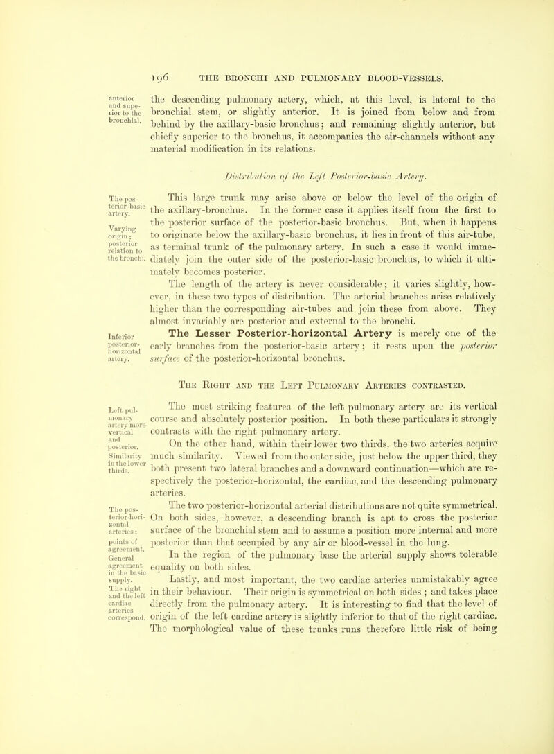 anterior tlie descendins;' pulmonary artery, which, at this level, is lateral to the and supe. ^ ^ ^ T,f ' t ---t,> -,i riortothe broiichial stem, or slightly anterior, it is joined from below and from biouchial. jjgiii^j \)j tlie axillary-basic bronchus; and remaining slightly anterior, but chiefly superior to the bronchus, it accompanies the air-channels without any material modification in its relations. Distribution of the Left Fostri'ior-hasic Artery. Thepos- This large trunk may arise above or below the level of the origin of aiteiy.'^°^^'° the axillaiy-bronchus. In the former case it applies itself from the first to the posterior surface of the posterior-basic bronchus. But, when it happens origin; to Originate below the axillary-basic bronchus, it lies in front of this air-tube, relation to terminal trunk of the pulmonary artery. In such a case it would imme- the bronchi, diately joiu the outer side of the posterior-basic bronchus, to which it ulti- mately becomes posterior. The length of the artery is never considerable ; it varies slightly, how- ever, in these two tyjoes of distribution. The arterial branches arise relatively higher than the corresponding air-tubes and join these from above. They almost invariably are posterior and external to the bronchi. Inferior TYiQ Lesser Posterior-horizontal Artery is merely one of the lior^zontai ^^^^1 branches from the posterior-basic artery ; it rests upon the posterior artery. surfnce of the posterior-horizontal bronchus. The Right and the Left Pulmonary Arteries contrasted. Left pnl- most striking features of the left pulmonary artery are its vertical aJ-tCT' more absolutely posterior position. In both these particulars it strongly vertical contrasts with the right pulmonary artery. posterior. ^n the Other hand, within their lower two thirds, the two arteries acquire Similarity much similarity. Viewed from the outer side, just below the upper third, they thirds. ^^^^ both present two lateral branches and a downward continuation—which are re- spectively the posterior-horizontal, the cardiac, and the descending pulmonary arteries. The pos- '^^^ ^^'^ posterior-horizontal arterial distributions are not quite symmetrical, terior-hori- On both sides, however, a descendiner branch is apt to cross the posterior zontal , n ^ l i • ■, -, . . . , i arteries; suriace 01 the bronchial stem and to assume a position more internal and more points of ^ posterior than that occupied by any air or blood-vessel in the lung. General region of the pulmonary base the arterial supply shows tolerable agreement equality ou both sides. in the basic , • i i i supply. Lastly, and most important, the two cardiac arteries unmistakably agree and'thf left their behaviour. Their origin is symmetrical on both sides ; and takes place cardiac directly from the pulmonary artery. It is interesting to find that the level of conespond. Origin of the left cardiac artery is slightly inferior to that of the right cardiac. The morphological value of these trunks runs therefore little risk of being
