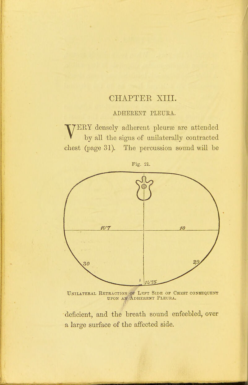 ADHERENT PLEUEA. VERY densely adherent pleurae are attended by all the signs of unilaterally contracted chest (page 31). The percussion sound wiU be Pig. 21. 10 Unilateral Retraction^ Left Side of Chest consequent upon am^^dhebbnt pleura. deficient, and the breath sound enfeebled, over a large surface of the affected side.