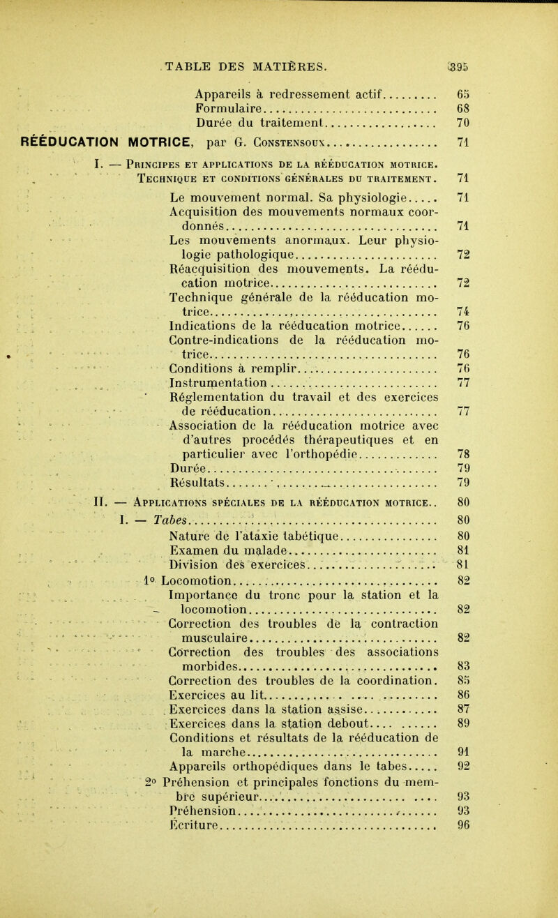 Appareils à redressement actif 65 Formulaire 68 Durée du traitement 70 RÉÉDUCATION MOTRICE, par G. Constensoux 71 I. — Principes et applications de la rééducation motrice. . ' ' Technique et conditions générales DU traitement. 71 Le mouvement normal. Sa physiologie 71 Acquisition des mouvements normaux coor- donnés 71 Les mouvements anormaux. Leur physio- logie pathologique 72 Réacquisition des mouvements. La réédu- cation motrice 72 Technique générale de la rééducation mo- trice , 74 Indications de la rééducation motrice 76 Contre-indications de la rééducation mo- ' ■ trice 76 • ■ Conditions à remplir 76 Instruipentation '. 77 Réglementation du travail et des exercices ' / de rééducation 77 ' Association de la rééducation motrice avec d'autres procédés thérapeutiques et en particulier avec l'orthopédie 78 Durée 79 Résultats ■ 79 . .. - II. — Applications spéciales de la rééducation motrice.. 80 L — Tabès : 80 Nature do Fataxie tabétique 80 Examen du malade 81 ° ^ ' Division des exercices. 81 - -ï ' 1» Locomotion 82 _ _ _ . Importance du tronc pour la station et la locomotion 82 - ° Correction des troubles dé la contraction ^ ^ musculaire 82 ' Correction des troubles des associations morbides 83 Correction des troubles de la coordination. 8.^ Exercices au lit 86 , _ . : . , Exercices dans la station assise 87 Exercices dans la station debout 89 . . Conditions et résultats de la rééducation de ; ; la marche 91 ,, ° Appareils orthopédiques dans le tabès 92 ' 2o Préhension et principales fonctions du mem- bre supérieur.... 93 , '-■ • Préhension.... 93 ' ' Écriture 96