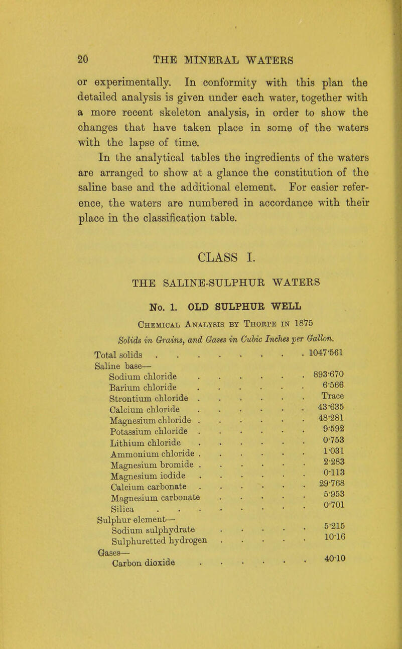 or experimentally. In conformity with this plan the detailed analysis is given under each water, together with a more recent skeleton analysis, in order to show the changes that have taken place in some of the waters with the lapse of time. In the analytical tables the ingredients of the waters are arranged to show at a glance the constitution of the saline base and the additional element. For easier refer- ence, the waters are numbered in accordance with their place in the classification table. CLASS I. THE SALINE-SULPHUR WATERS No. 1. OLD SULPHUR WELL Chemical Analysis by Thorpe in 1875 Solids in Grains, and Gases in Cubic Inches per Gallon. Total solids 1047-561 Saline base— Sodium cUoride 893'670 Barium chloride 6-566 Strontium chloride Trace Calcium chloride 43 635 Magnesium chloride 48-281 Potassium chloride 9'592 Lithium chloride 0-153 Ammonium chloride l'*^31 Magnesium bromide 2-283 Magnesium iodide 0-113 Calcium carbonate 29-768 Magnesium carbonate ^'^^^ Silica 0-701 Sulphur element— Sodium sulphydrate ^^Jo Sulphuretted hydrogen l^-ie Gases— Carbon dioxide