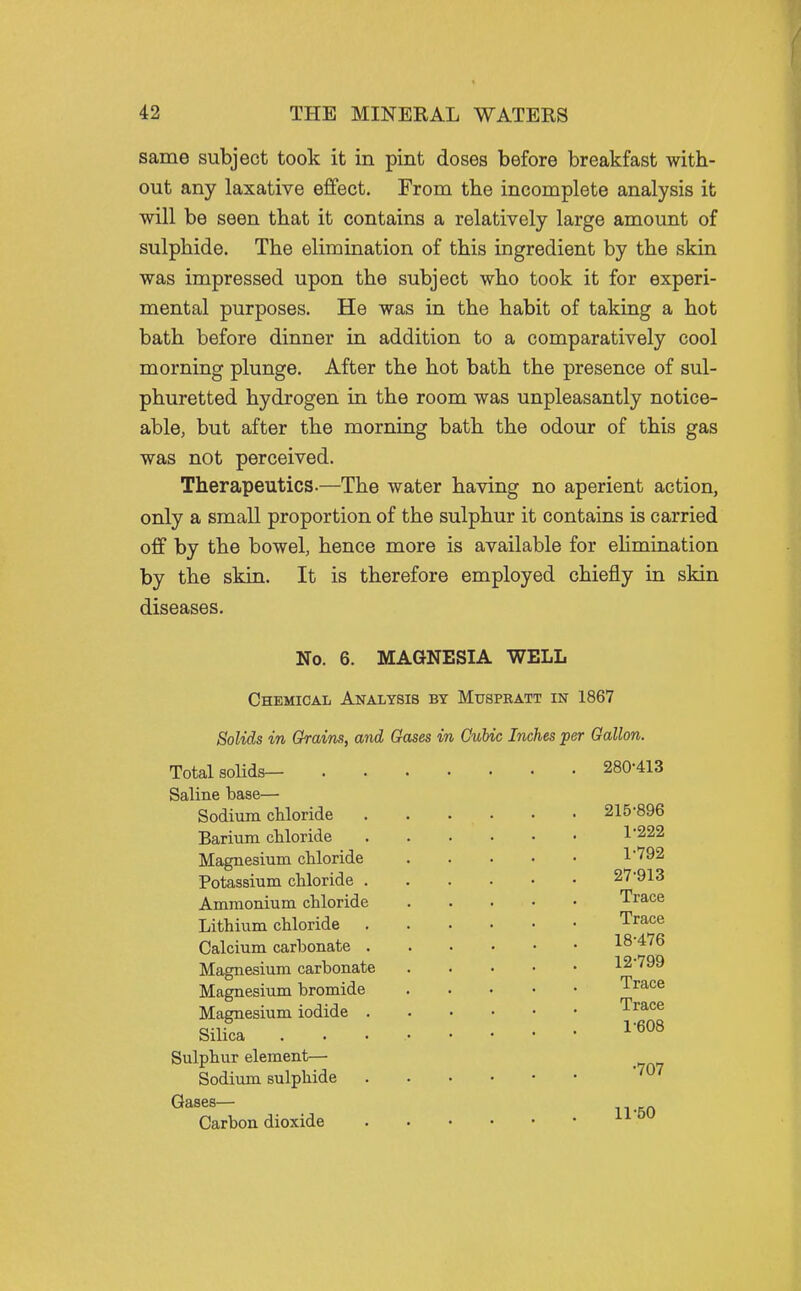 same subject took it in pint doses before breakfast with- out any laxative effect. From the incomplete analysis it will be seen that it contains a relatively large amount of sulphide. The elimination of this ingredient by the skin was impressed upon the subject who took it for experi- mental purposes. He was in the habit of taking a hot bath before dinner in addition to a comparatively cool morning plunge. After the hot bath the presence of sul- phuretted hydrogen in the room was unpleasantly notice- able, but after the morning bath the odour of this gas was not perceived. Therapeutics.—The water having no aperient action, only a small proportion of the sulphur it contains is carried off by the bowel, hence more is available for ehmination by the skin. It is therefore employed chiefly in skin diseases. No. 6. MAGNESIA WELL Chemical Analysis by Muspratt in 1867 Solids in Grains, and Gases in Cubic Inches per Gallon. Total solids— Saline base— Sodium chloride Barium chloride Magnesium chloride Potassium chloride . Ammonium chloride Lithium chloride Calcium carbonate . Magnesium carbonate Magnesium bromide Magnesium iodide . Silica Sulphur element— Sodium sulphide Gases— Carbon dioxide 1-222 1-792 27-913 Trace Trace 18-476 12-799 Trace Trace 1-608 •707 11-50