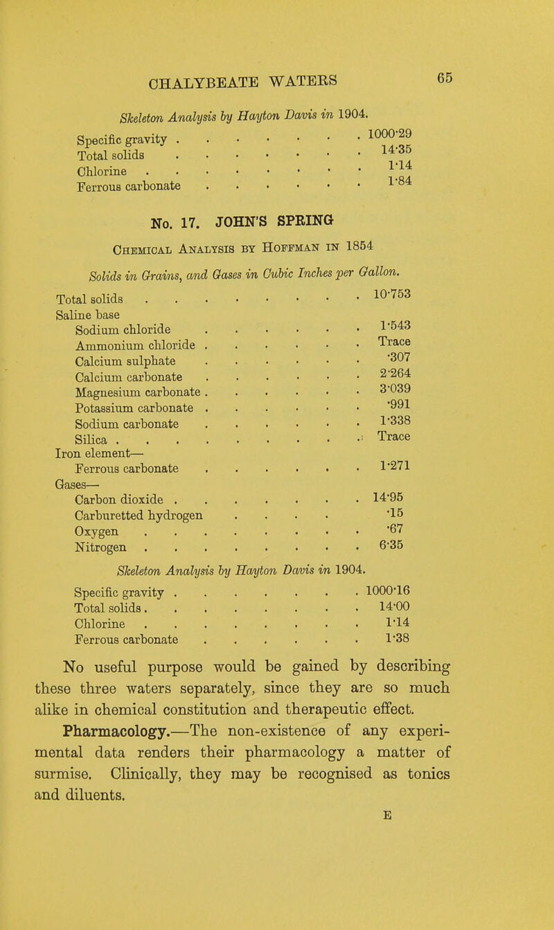 CHALYBEATE WATERS Skeleton Analysis by Hayton Davis in 1904. Specific gravity 1000-29 Total solids Chlorine ^'}^ Ferrous carbonate No. 17. JOHN'S SPRING Chemical Analysis by Hoffman in 1854 Solids in Grains, and Gases in Cubic Inches per Gallon. Total solids 10-753 Saline base Sodium chloride 1'543 Ammonium chloride Trace Calcium sulphate '307 Calcium carbonate 2 264 Magnesium carbonate 3'039 Potassium carbonate 991 Sodium carbonate 1338 Silica ' Trace Iron element— Ferrous carbonate 1*271 Gases— Carbon dioxide 14*95 Carbiiretted hydrogen .... *15 Oxygen '67 Nitrogen 6*35 Skeleton Analysis by Hayton Damis in 1904. Specific gravity 1000*16 Total solids 14-00 Chlorine 1*14 Ferrous carbonate 1'38 No useful purpose would be gained by describing these three waters separately, since they are so much alike in chemical constitution and therapeutic effect. Pharmacology.—The non-existence of any experi- mental data renders their pharmacology a matter of surmise. Clinically, they may be recognised as tonics and diluents. E