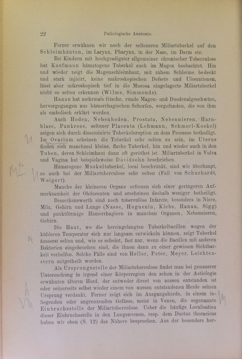 Ferner erwähnen wir noch der selteneren Miliartuberkel auf den Schleimhäuten, im Larynx, Pharynx, in der Nase, im Darm etc. Bei Kindern mit hochgradigster allgemeiner chronischer Tuberculose hat Kaufmann hämatogene Tuberkel auch im Magen beobachtet. Hin und wieder zeigt die Magenschleimhaut, mit zähem Schleime bedeckt und stark injicirt, keine makroskopischen Defecte und Ulcerationen, lässt aber mikroskopisch tief in die Mucosa eingelagerte Miliartuberkel nicht so selten erkennen (Wilms, Simmonds). Hanau hat mehrmals frische, runde Magen- und Duodenalgeschwüre, hervorgegangen aus hämorrhagischen Schorfen, vorgefunden, die von ihm als embolisch erklärt werden. Auch Hoden, Nebenhoden, Prostata, Nebennieren. Harn- blase, Pankreas, seltener Placenta (Lehmann, Schmorl-Kockel) zeigen sich durch disseminirte Tuberkeleruption an dem Processe betheiligt. Im Ovarium scheinen die Tuberkel sehr selten zu sein, im Uterus finden sich manchmal kleine, flache Tuberkel, hin und wieder auch in den Tuben, deren Schleimhaut dann oft geröthet ist. Miliartuberkel in Vulva und Vagina hat beispielsweise Davidsohn beschrieben. Hämatogene Muskeltuberkel, local beschränkt, sind wie überhaupt, so auch bei der Miliartuberculose sehr selten (Fall von Schuchardt, Weigert). Manche der kleineren Organe erfreuen sich einer geringeren Auf- merksamkeit der Obducenten und erscheinen deshalb weniger betheiligt. Bemerkenswerth sind noch tuberculose Infarcte, besonders in Niere, Milz, Gehirn und Lunge (Nasse, Huguenin, Klebs, Hanau, Sigg) und punktförmige Hämorrhagieen in manchen Organen, Nebennieren, Gehirn. Die Haut, wo die hereingelangten Tuberkelbacillen wegen der kühleren Temperatur sich nur langsam entwickeln können, zeigt Tuberkel äusserst selten und, wie es scheint, fast nur, wenn die Bacillen mit anderen Bakterien eingebrochen sind, die ihnen dann zu einer gewissen Sichtbar- keit verhelfen. Solche Fälle sind von Heller, Peter, Meyer. Leichten- stern mitgetheilt worden. Als Ursprungsstelle der Miliartuberculose findet man bei genauerer Untersuchung in irgend einer Körperregion den schon in der Aetiologie erwähnten älteren Herd, der entweder direct von aussen entstanden ist oder seinerseits selbst wieder einem von aussen entstandenen Herde seinen Ursprung verdankt. Ferner zeigt sich im Ausgangsherde, in einem in- liegenden oder angrenzenden Gefässe, meist in Venen, die sogenannte Einbruchsstelle der Miliartuberculose. Ueber die häufige Localisation dieser Einbruchsstelle in den Lungenvenen, resp. dem Ductus thoracicus haben wir oben (S. 12) das Nähere besprochen. Aus der besonders her-