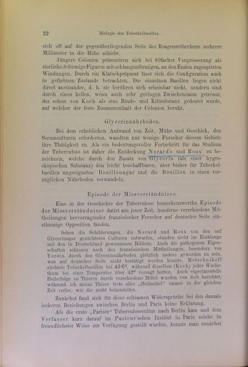 sich oft auf der gegenüberliegenden Seite des Eeagensröhrchens mehrere Millimeter in die Höhe schiebt. Jüngere Colonien präsentiren sich bei BOfacher Yergrösserung als zierliche S-förmige Figuren mit schlangenförmigen, an denEnden zugespitzten Windungen. Durch ein Klatschpräparat lässt sich die Configuration auch in gefärbtem Zustande betrachten. Die einzelnen Bacillen liegen nicht direct aneinander, d. h. sie berühren sich scheinbar nicht, sondern sind durch einen hellen, wenn auch sehr geringen Zwischenraum getrennt, der schon von Koch als eine Binde- und Kittsubstanz gedeutet wurde, auf welcher der feste Zusammenhalt der Colonien beruht. Glycerinnährböden. Bei dem erheblichen Aufwand von Zeit, Mühe und Geschick, den Serumculturen erforderten, wandten nur wenige Forscher diesem Gebiete ihre Tliätigkeit zu. Als ein bedeutungsvoller Fortschritt für das Studium der Tuberculose ist daher die Entdeckung Nocard’s und Boux’ zu be- zeichnen, welche durch den Zusatz von Glycerin (als einer hygro- skopischen Substanz) den leicht beschaffbaren, aber bisher für Tuberkel- bacillen imgeeigneten Bouillonagar und die Bouillon in einen vor- züglichen Nährboden verwandeln. Episode der Missverständnisse. Eine in der Geschichte der Tuberculose bemerkenswerthe Episode der Missverständnisse datirt aus jener Zeit, insoferne verschiedene Mit- theilungen hervorragender französischer Forscher aut deutscher Seite ein- stimmige Opposition fanden. Schon die Schilderungen, die Nocard und Boux von den auf Glycerinagar gezüchteten Culturen entwarfen, standen nicht im Einklänge mit den in Deutschland gewonnenen Bildern. Auch die pathogenen Eigen- schaften schienen nach den französischen Mittheilungen, besonders von Yersin, durch den Glycerinnährboden plötzlich andere geworden zu sein, was auf deutscher Seite nicht bestätigt werden konnte. Metschnikoft züchtete Tuberkelbacillen bei 43'60, während dieselben (Koch) jedes 'W achs- thum hei einer Temperatur über 42° versagt hatten. Auch experimentelle Heilerfolge an Thieren durch verschiedene Mittel wurden von dort berichtet, während ich meine Thiere trotz aller „Heilmittel“ immer in der gleichen Zeit verlor, wie die nicht behandelten. Zunächst fand sich für diese seltsamen Widersprüche bei den damals lockeren Beziehungen zwischen Berlin und Paris keine Erklärung. Als die erste „Pariser“ Tuberculosecultur nach Berlin kam und dem Verfasser kurz darauf im Pasteurschen Institut in Paris solche in freundlichster Weise zur Verfügung gestellt wurden, konnte man zunächst