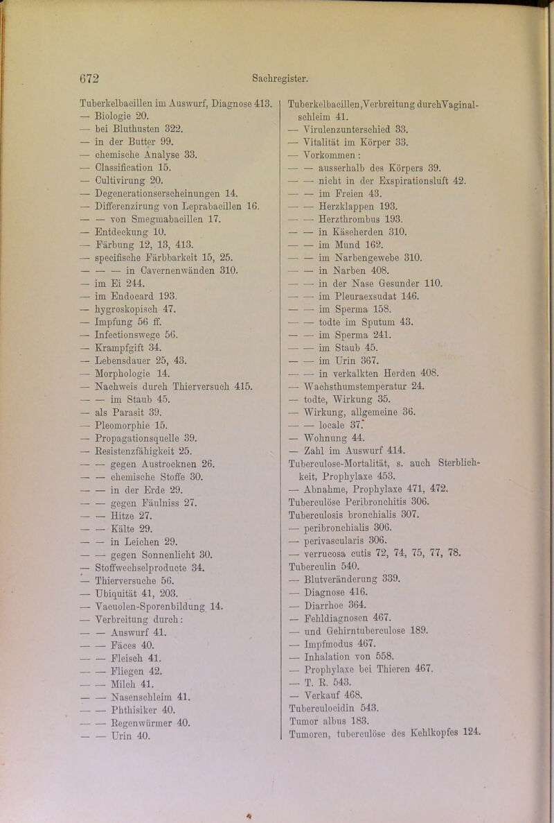 Tuberkelbacillen im Auswurf, Diagnose 413. — Biologie 20. — bei Bluthusten 322. — in der Butter 99. — chemische Analyse 33. — Classification 15. — Cultivirung 20. — Degenerationserseheinungen 14. — Differenzirung von Leprabaeillen 16. — — von Smegmabacillen 17. — Entdeckung 10. — Färbung 12, 13, 413. — speeitische Färbbarkeit 15, 25. — — — in Oavernenwänden 310. — im Ei 244. — im Endoeard 193. — hygroskopisch 47. — Impfung 56 ff. — Infeetionswege 56. — Krampfgift 34. — Lebensdauer 25, 43. — Morphologie 14. — Nachweis durch Tkierversueh 415. im Staub 45. — als Parasit 39. — Pleomorphie 15. — Propagationsquelle 39. — Kesistenzfähigkeit 25. gegen Austroeknen 26. — — chemische Stoffe 30. — — in der Erde 29. — — gegen Fäulniss 27. — — Hitze 27. — — Kälte 29. — — in Leichen 29. — — gegen Sonnenlicht 30. — Stoffwechselproducte 34. — Thierversueke 56. — Ubiquität 41, 203. — Vacuolen-Sporenbildung 14. — Verbreitung durch: — — Auswurf 41. Fäces 40. Fleisch 41. Fliegen 42. Milch 41. Nasenschleim 41. Phthisiker 40. Regenwürmer 40. Urin 40. Tuberkelbacillen,Verbreitung durchVaginal- sehleim 41. — Virulenzunterschied 33. — Vitalität im Körper 33. — Vorkommen : ausserhalb des Körpers 39. nicht in der Exspirationsluft 42. im Freien 43. •— — Herzklappen 193. Herzthrombus 193. in Käseherden 310. im Mund 162. — — im Narbengewebe 310. •—• — in .Narben 408. in der Nase Gesunder 110. —- — im Pleuraexsudat 146. im Sperma 158. todte im Sputum 43. im Sperma 241. im Staub 45. im Urin 367. in verkalkten Herden 408. — Wachsthumstemperatiu- 24. — todte, Wirkung 35. — Wirkung, allgemeine 36. locale 37.* — Wohnung 44. — Zahl im Auswurf 414. Tubereulose-Mortalität, s. auch Sterblich- keit, Prophylaxe 453. — Abnahme, Prophylaxe 471, 472. Tuberculöse Peribronchitis 306. Tuberculosis bronekialis 307. — peribronekialis 306. — perivascularis 306. — verrucosa cutis 72, 74, 75, 77, 78. Tuberculin 540. — Blutveränderung 339. — Diagnose 416. — Diarrhoe 364. — Fehldiagnosen 467. — und Gehirntuberculose 189. — Impfmodus 467. — Inhalation von 558. — Prophylaxe bei Thieren 467. — T. R. 543. — Verkauf 468. Tubereulocidin 543. Tumor .albus 183. Tumoren, tuberculöse des Kehlkopfes 124. ♦