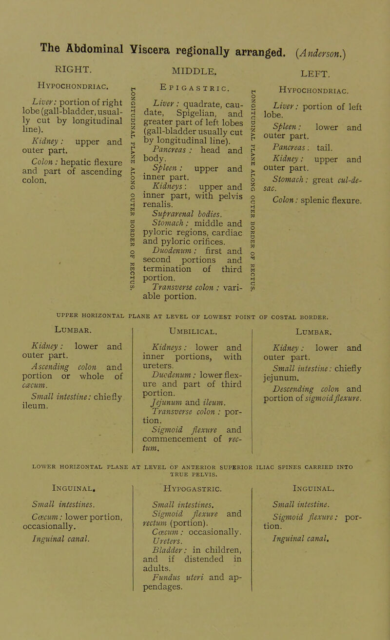 The Abdominal RIGHT. Hypochondriac. Liver: portion of right lobe (gall-bladder, usual- ly cut by longitudinal line). Kidney: upper and outer part. Colon: hepatic flexure and part of ascending colon. UPPER HORIZONTAL Lumbar. Kidney: lower and outer part. Ascending colon and portion or whole of ccecum. Small intestine: chiefly ileum. LOWER HORIZONTAL PLANE Inguinal. Small intestines. Ccecum: lower portion, occasionally. Inguinal canal. Viscera regionally arranged. {Anderson.) MIDDLE. LEFT. r Epigastric. § . O o Liver : quadrate, cau- o c date, Spigelian, and g 2 greater part of left lobes 2 > (gall-bladder usually cut % ^ by longitudinal line). £ Pancreas : head and 2 h body. g > Spleen: upper and > o inner part. g a Kidneys: upper and g o inner part, with pelvis o h renalis. 3 w Suprarenal bodies. ” g Stomach: middle and g g pyloric regions, cardiac g g and pyloric orifices. o Duodenum: first and 0 ^ second portions and * w termination of third w £ portion. h 5° Transverse colon : vari- « able portion. PLANE AT LEVEL OF LOWEST POINT Hypochondriac. Liver: portion of left lobe. Spleen: lower and outer part. Pancreas. tail. Kidney: upper and outer part. Stomach: great cul-de- sac. Colon: splenic flexure. OF COSTAL BORDER. Umbilical. Kidneys: lower and inner portions, with ureters. Duodenum: lower flex- ure and part of third portion. Jejunum and ileum. Transverse colon: por- tion. Sigmoid flexure and commencement of rec- tum. Lumbar. Kidney: lower and outer part. Small intestine: chiefly jejunum. Descending colon and portion of sigmoid flexure. AT LEVEL OF ANTERIOR SUPERIOR TRUE PELVIS. Hypogastric. Small intestines. Sigmoid flexure and rectum (portion). Caecum: occasionally. Ureters. Bladder: in children, and if distended in adults. Fundus uteri and ap- pendages. ILIAC SPINES CARRIED INTO Inguinal. Small intestine. Sigmoid flexure: por- tion. Inguinal canal.