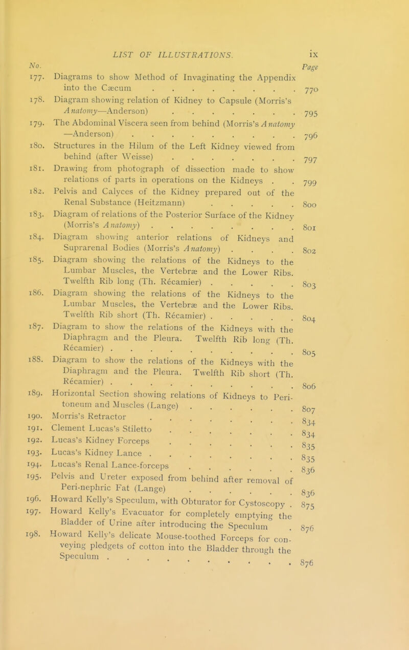 No. page 177. Diagrams to show Method of Invaginating the Appendix into the Cascum 770 178. Diagram showing relation of Kidney to Capsule (Morris's Anatomy—Anderson) yg^ 179. The Abdominal Viscera seen from behind (Morris's A natomy —Anderson) jg& 180. Structures in the Hilum of the Left Kidney viewed from behind (after Weisse) jgy 1S1. Drawing from photograph of dissection made to show relations of parts in operations on the Kidneys . . jgg 182. Pelvis and Calyces of the Kidney prepared out of the Renal Substance (Heitzmann) 800 183. Diagram of relations of the Posterior Surface of the Kidney (Morris's Anatomy) gOI 184. Diagram showing anterior relations of Kidneys and Suprarenal Bodies (Morris's Anatomy) .... 802 185. Diagram showing the relations of the Kidneys to the Lumbar Muscles, the Vertebras and the Lower Ribs. Twelfth Rib long (Th. Recamier) 803 [86. Diagram showing the relations of the Kidneys to the Lumbar Muscles, the Vertebras and the Lower Ribs. Twelfth Rib short (Th. Recamier) ..... S04 187. Diagram to show the relations of the Kidneys with the Diaphragm and the Pleura. Twelfth Rib long (Th. Recamier) g 188. Diagram to show the relations of the Kidneys with the Diaphragm and the Pleura. Twelfth Rib short (Th Recamier) ..... 189. Horizontal Section showing relations of Kidneys to Peri toneum and Muscles (Lange) . 190. Morris's Retractor * • • * 191. Clement Lucas's Stiletto ... 192. Lucas's Kidney Forceps 193. Lucas's Kidney Lance .... 194. Lucas's Renal Lance-forceps 195- Pelvis and Ureter exposed from behind after removal of Peri-nephric Fat (Lange) .... §36 196. Howard Kelly's Speculum, with Obturator for Cystoscopy ' 87- 197- Howard Kelly's Evacuator for completely emptying the Bladder of Urine after introducing the Speculum . 876 Howard Kelly's delicate Mouse-toothed Forceps for con- veying pledgets of cotton into the Bladder through the Speculum . 876 806 807 834 834 835 835 836 198