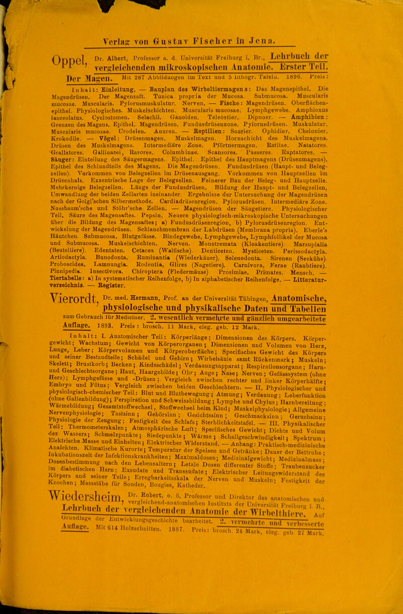Oppel Dr. Albert, Professor a. d. Universität Freiburg i. Br., LeiU'bUCh der vergleiclienden mikroskopischen Anatomie. Erster Teil. Der Magen. Mh ^mi Abbildungen im Text und 5 lithogr. Tatelu. 1896. Freis : Inhalt: Einleitung. — Bauplan des Wirbeltiermagens: Das Magenepithel. Die Magendrüsen. Der Magensaft. Tunica propria der Mucosa. Submucosa. Muscularis mucosae. Muscularis. Pylorusmuskulatur. Nerven. — Fische: Magendrüsen. Oberflächen- epithel. Physiologisches. Musltelschichten. Muscularis mucosae. Lymphgewebe. Amphioxus lanceolatus. Cyclostomen. Selachii. Ganoiden. Teleostier. Dipnoer. — Amphibien: Grenzen des Magens. Epithel. Magendrüsen. FundusdrUsenzone. PylorusdrUsen. Musliulatur. Muscularis mucosae, ürodelen. Anuren. — Reptilien: Saurier. Ophidier. Chelonier. Krolcodile. — Vögel: Drüsenmagen. Muskelmagen. Hornschicht des Muskelmagens. Drüsen des Muskelmagens. Intermediäre Zone. Pförtnermagen. Batitae. Natatores. Grallatores. Gallinacei, Rasores. Columbinae. Scansores. Passeres. Raptatores. — Säuger: Einteilung des Säugermagens. Epithel. Epithel des Hauptmagens (DrUsenmagens). Epithel des Schlundteils des Magens. Die Magendrüsen. Pundusdrüsen (Baupt- und Beleg- zellen). Vorkommen von Belegzellen im Drüsenausgang. Vorkommen von Hauptzellen im Drüsenhals. Exzentrische Lage der Belegzellen. Feinerer Bau der Beleg- und Hauptzelle. Mehrkernige Belegzellen. Länge der Pundusdrüsen. Bildung der Haupt- und Belegzellen, Umwandlung der beiden Zellarten ineinander. Ergebnisse der Untersuchung der Magendrüsen nach der Golgi'sehen Silbermethode. Cardiadrüsenregion. Pylorusdrüsen. Intermediäre Zone. Nussbaum'sche und Stöhr'sche Zellen. — Magendrüsen der Säugetiere. Physiologischer Teil. Säure des Magensaftes. Pepsin. Neuere physiologisch-mikroskopische Untersuchungen über die Bildung des Magensaftes; a) Fundusdrüsenregion, b) Pylorusdrüsenregion. Ent- wickelung der Magendrüsen. Schlauchmembran der Labdrüsen (Membrana propria). Eberle's Häutchen. Submucosa. Blutgefässe. Bindegewebe, Lympbgewebe, Lymphfollikel der Mucosa und Submucosa. Muskelschichten. Nerven. Monotremata (Kloakentiere). Marsupialia (Beuteltiere). Edentaten. Cetacea (Walfische). Denticeten. Mysticeten. Perissodactyla. Artiodactyla. Bunodonta. Ruminantia (Wiederkäuer), Selenodonta. Sirenen (Seekühe). Proboscidea. Lamnungia. Rodentia, Glires (Nagetiere). Carnivora, Ferae (Raubtiere). Pinnipedia. Insectivora. Chiroptera (Fledermäuse) Prosimiae. Primates. Mensch. — Tiertabelle: a) In systematischer Reihenfolge, b) In alphabetischer Reibenfolge. — Litteratnr- Terzeichnis. — Eegister. ViOrOrdt Hermann, Prof. an der Universität Tübingen, Aliatoniische, ' physiologische und physikalische Daten üTitl Tabellen zum Gebrauch für Mediciner. 2. wesentlich TermeUrte und gänzlich umgearbeitete Auflage. 1893. Preis : brosch. 11 Mark, eleg. geb. lü Mark. Inhalt: L Anatomischer Teil: Körperlänge; Dimensionen des Körpers. Körper- gewicht; Wachstum; Gewicht von Körperorganen; Dimensionen und Volumen von Herz Lunge, Leber; Körpervolumen und Körperoberfläche; Speeifisches Gewicht des Körpers und semer Bestandteile; Schädel und Gehirn; Wirbelsäule samt Rückenmark; Muskeln- Skelett; Brustkorb; Becken; Kindsschädel; Verdauungsapparat; Respirationsorgane; Harn- und Geschlechtsorgane; Haut, Haargebilde; Ohr; Auge; Nase; Nerven; Gefässsystem (ohne Herz); Lymphgefasse und -Drüsen; Vergleich zwischen rechterund linker Körperhälfte; Embryo und Fötus; Vergleich zwischen beiden Geschlechtern. — U. Physiologischer und physiologisch-chemischerTeil: Blut und Blutbewegung; Atmung; Verdauung; Leberfunktion & °° ,-m^''*^^^' Perspiration und Schweissbildung; Lymphe und Chylus; Harnbereitung; Warmebildung; GesamtstofTwechsel, StoflTwechsel beim Kind; Muskelphysiolögie; Allgemeine Nervenphys.olog.e; Tastsinn; Gehörsinn; Gesichtssinn; Geschmacksinn; Geruchsinn; Physiologie der Zeugung; Festigkeit des Schlafs; Sterblichkeitstafel. _ III. Physikalische l^w ''°'°'e r^''/'°'°'P^''''' ^5 Speeifisches Gewicht; Dichte und Volum FI J^I m' ^''^'^f^fl^^'^i Siedepunkte; Wärme; Schallgeschwindigkeit, Spektrum fniZt KH^ar . Widerstand. - Anhang: Praktisch-mediziniSe Analekten. Klimatische Kurorte; Temperatur der Speisen und Getränke ; Dauer der Bettruhe • D„,«nfT' Maximaldosen; Medizinalgew cht; Medizrnal^a s • Dosenbestimmung nach den Lebensaltern; Letale Dosen diff-erenter Stofl^e• TraubeLucke^ im diabetischen Harn; Exsudate und Transsudate; Elektrischer Leitungswider;tand des Korpers und seiner Teile; Erregbarkeitsskala der Nerven und Muskeln FesS^eit tl Knochen; Massstäbe für Sonden, Bougies, Katheder. ^«SKein, l<estigkeit der WiederSheim, vo'vS.m''';, ^rl'^''' ^ ^'^''^'^^ ^^s anatomischen und T „1 1 IT ' vergleichend-anatomischen Instituts der Universität Freibar.. i R Lehrbuch der vergleichenden Anatomie der WirheltSw a^I; GrundUge cer i^ntwicl^Uingsgeschichte bearbeitet. 2. VCriil^hTtTTtnTTr^^ Mit 614 Holzschnitten. 1887. Preis: b.osch. Ü4 Mark, eleg. geb. 27 Mark.