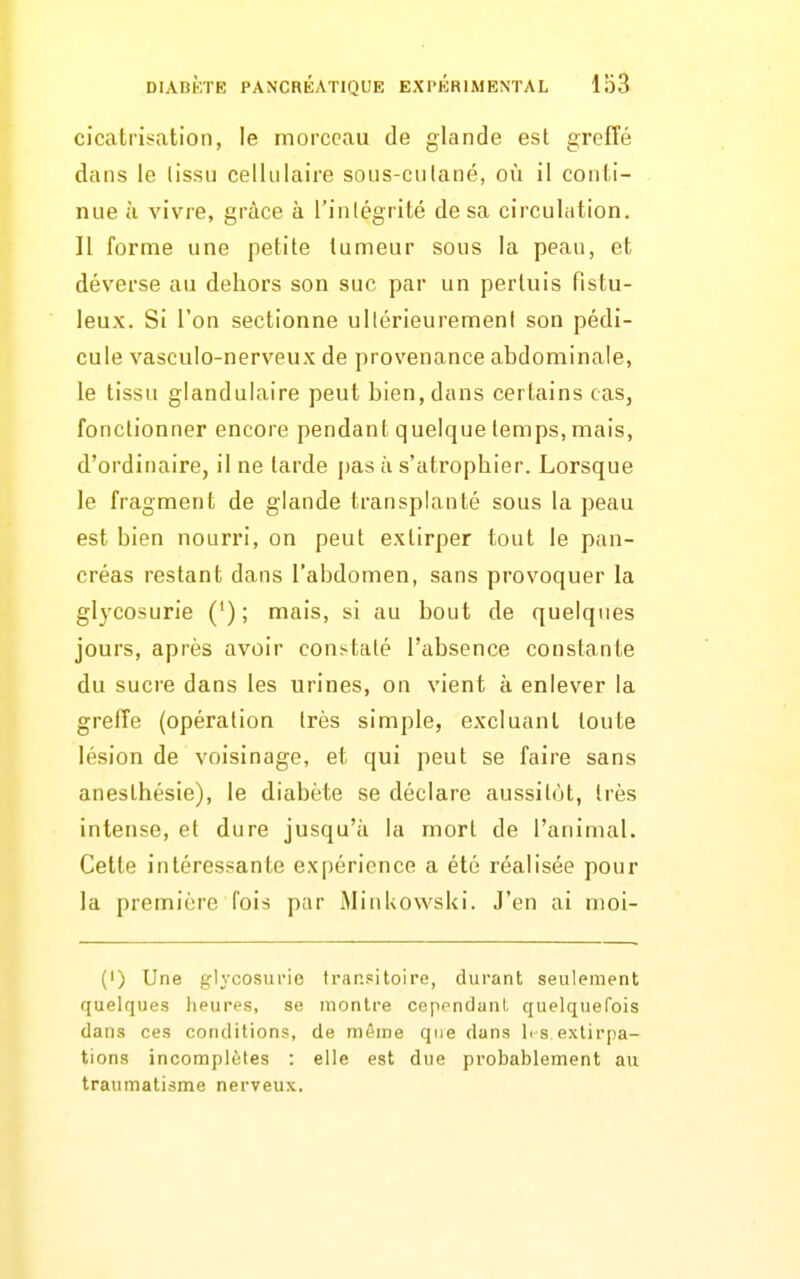 cicatrisation, le morceau de glande est greffé dans le (issu cellulaire sous-ciilané, où il conti- nue à vivre, grâce à l'inlégrité de sa circulation. Il forme une petite tumeur sous la peau, et déverse au dehors son suc par un pertuis fistu- leux. Si l'on sectionne ultérieurement son pédi- cule vasculo-nerveux de provenance abdominale, le tissu glandulaire peut bien, dans certains cas, fonctionner encore pendant quelque temps, mais, d'ordinaire, il ne larde pas ii s'atrophier. Lorsque le fragment de glande transplanté sous la peau est bien nourri, on peut extirper tout le pan- créas restant dans l'abdomen, sans provoquer la glycosurie ('); mais, si au bout de quelques jours, après avoir constaté l'absence constante du sucre dans les urines, on vient à enlever la greffe (opération très simple, excluant toute lésion de voisinage, et qui peut se faire sans aneslhésie), le diabète se déclare aussitôt, très intense, et dure jusqu'à la mort de l'animal. Cette intéressante expérience a été réalisée pour la première fois par MinUowski. J'en ai moi- (') Une glycosurie trar.sitoire, durant seulement quelques heures, se montre cependant quelquefois dans ces conditions, de même que dans li s extirpa- tions incomplètes : elle est due probablement au traumatisme nerveux.