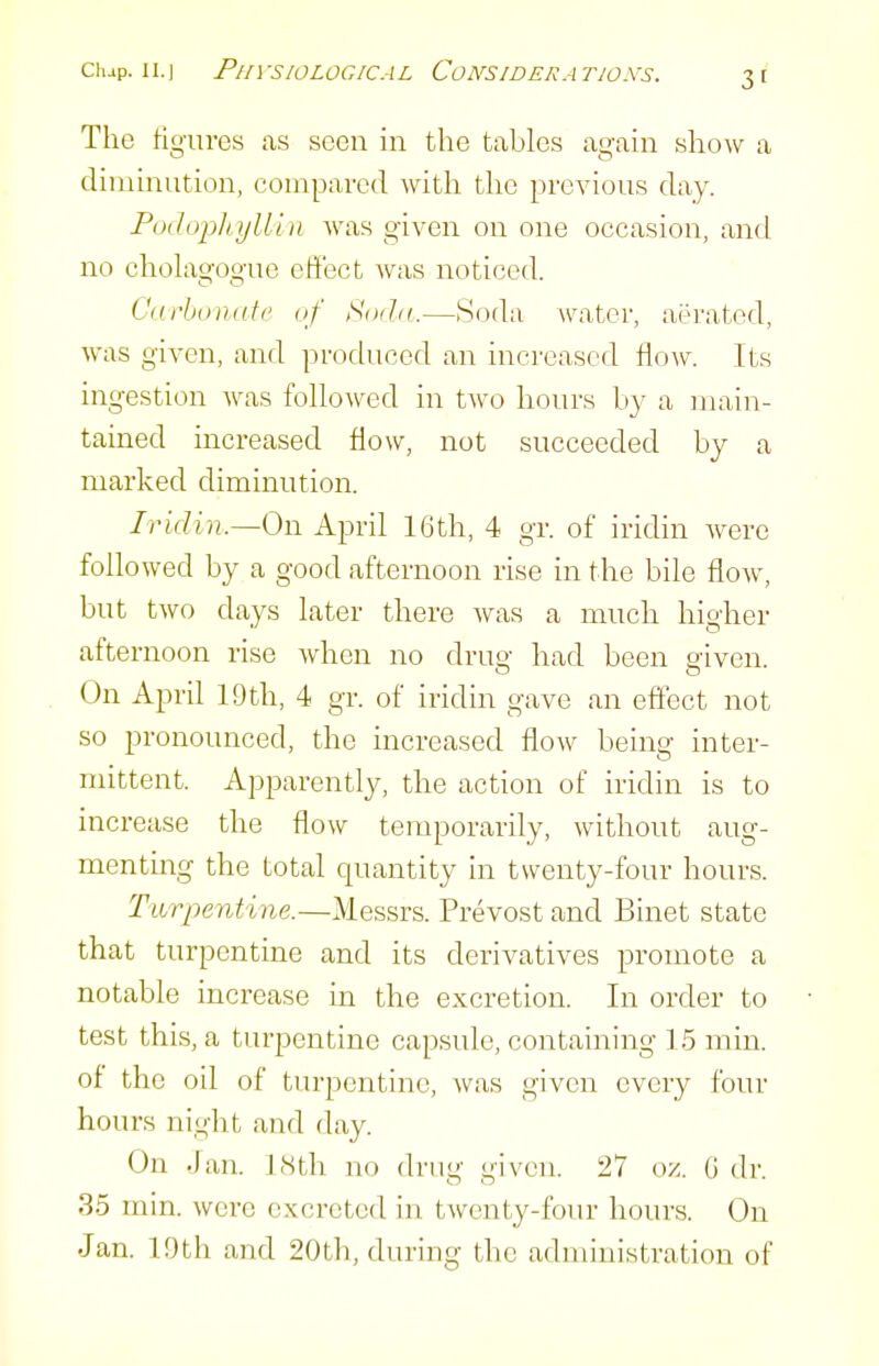 The tigurcs as seen in the tables again show a diminution, compared with the previous day. Podophyllin was given on one occasion, and no cholagogue eti'ect was noticed. Carbonate of Soila.—Soda water, aerated, was given, and produced an increased flow. Its ingestion was followed in tAvo hours by a main- tained increased flow, not succeeded by a marked diminution. Iridin.—On April 16th, 4 gr. of iridin were followed by a good afternoon rise in the bile floAv, but two days later there was a mucli higher afternoon rise Avhen no drug had been siven. On April 19th, 4 gr. of iridin gave an effect not so pronounced, the increased flow being inter- mittent. Apparently, the action of iridin is to increase the flow temporarily, without aug- menting the total quantity in twenty-four hours. Turpentine.—Messrs. Prevost and Binet state that turpentine and its derivatives promote a notable increase in the excretion. In order to test this, a turpentine capsule, containing 15 min. of the oil of turpentine, was given every four hours night and day. On Jan. I.Stli no drug given. 27 oz. G dr. 35 min. were excreted in twenty-four hours. On Jan. 10th and 20th, during the administration of