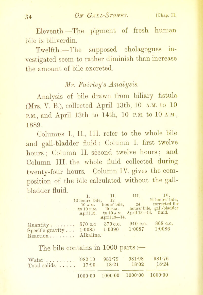 Eleventh.—The pigment of fresh human bile is biliverdin. Twelfth.—The supposed cholagogues in- vestigated seem to rather diminish than increase the amount of bile excreted. Mr. Fairleys Analysis. Analysis of bile drawn from biliary fistula (Mrs. V. B.), collected April 13th, 10 a.m. to 10 P.M., and April 13th to 14th, 10 p.m. to 10 a.m., 1889. Columns I, II., Ill refer to the whole bile and gall-bladder fluid : Colunm I. first twelve hours ; Column II. second twelve hours; and Column III. the whole fluid collected durmg twenty-four hours. Column IV. gives the com- position of the bile calculated without the gall- bladder fluid. I. II. III. IV. 12 lionre' bile, 12 24 hnurs' bile, 10 a.m. hours'bile, 24 correctecl for to 10 P.M. 10 p.m. hours'bile, gall-bladder April 13. to 10 a.m. April 13—14. fluid. April 13—14. Quantity 570 c.c 370 c.c. 940 c.c. 86S c.c. Specific gravity.. . 1-0085 1-0090 1 0087 1-0086 Eeaction Alkaline. The bile contains in 1000 parts:— Water 98'2-10 981-79 981-98 981-76 Total solids 17-90 18-21 18-02 18-24 1000-00 1000-00 1000-00 1000-00