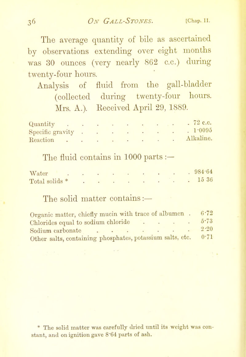 The average quantity of bile as ascertained by observations extending over eight months was 30 ounces (very nearly 862 c.c.) during twenty-four hours. Analysis of fluid from the gall-bladder (collected during twenty-four hours. Mrs. A.). Received Aprd 29, 1889. Quantity • - 72 c.c. Specific gravity 1 '0095 Reaction Alkaline. The fluid contains in 1000 parts :— Water 984-64 Total solids * ' • . 15 36 The solid matter contains:— Organic matter, chiefly mucin with trace of albumen . G-72 Chlorides equal to sodium chloride .... 5-73 Sodium carbonate . . . • • • .2-20 Other salts, containing phosphates, ijotassium salts, etc. 0-71 * The solid matter was carefully ihied until its weight was con- stant, and on ignition gave 8'04 parts of ash.